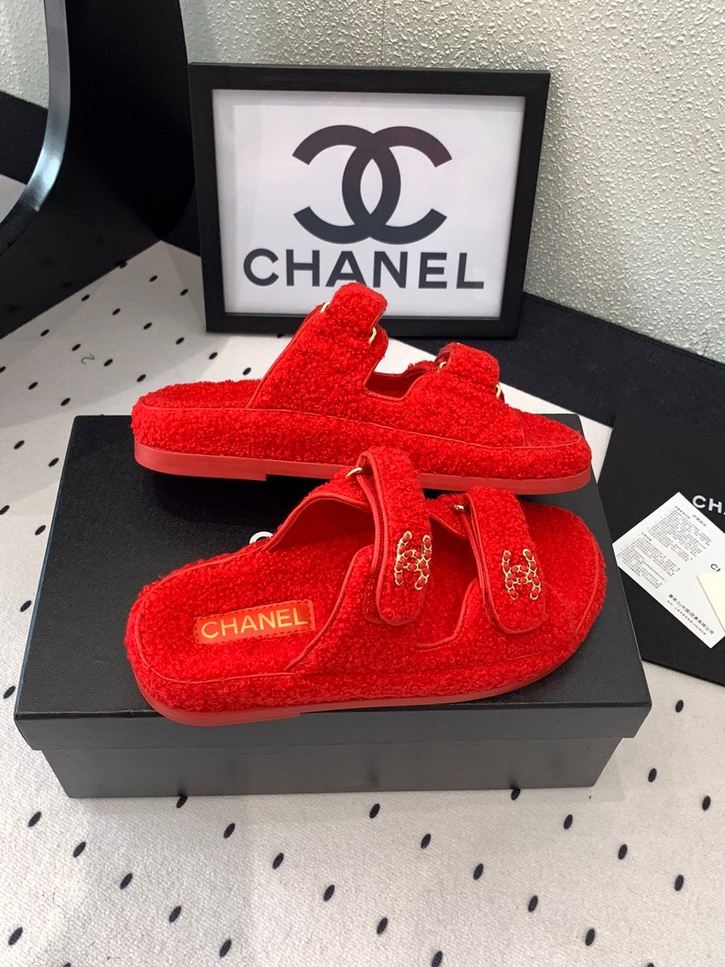 CHANEL DAD SANDAL MULE IN CRIMSON RED LAMB FUR