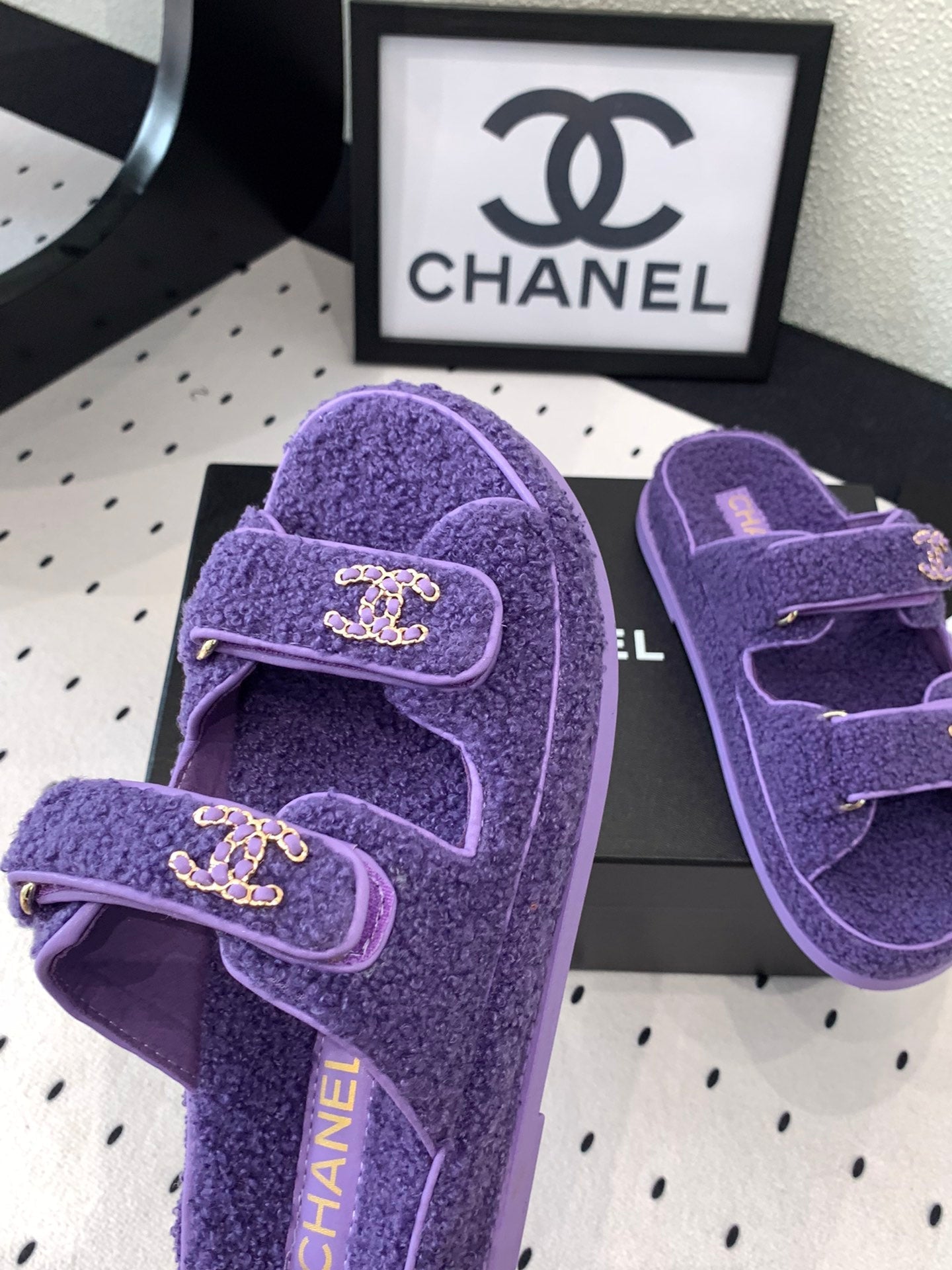 CHANEL DAD SANDAL MULE IN PLUM PURPLE LAMB FUR