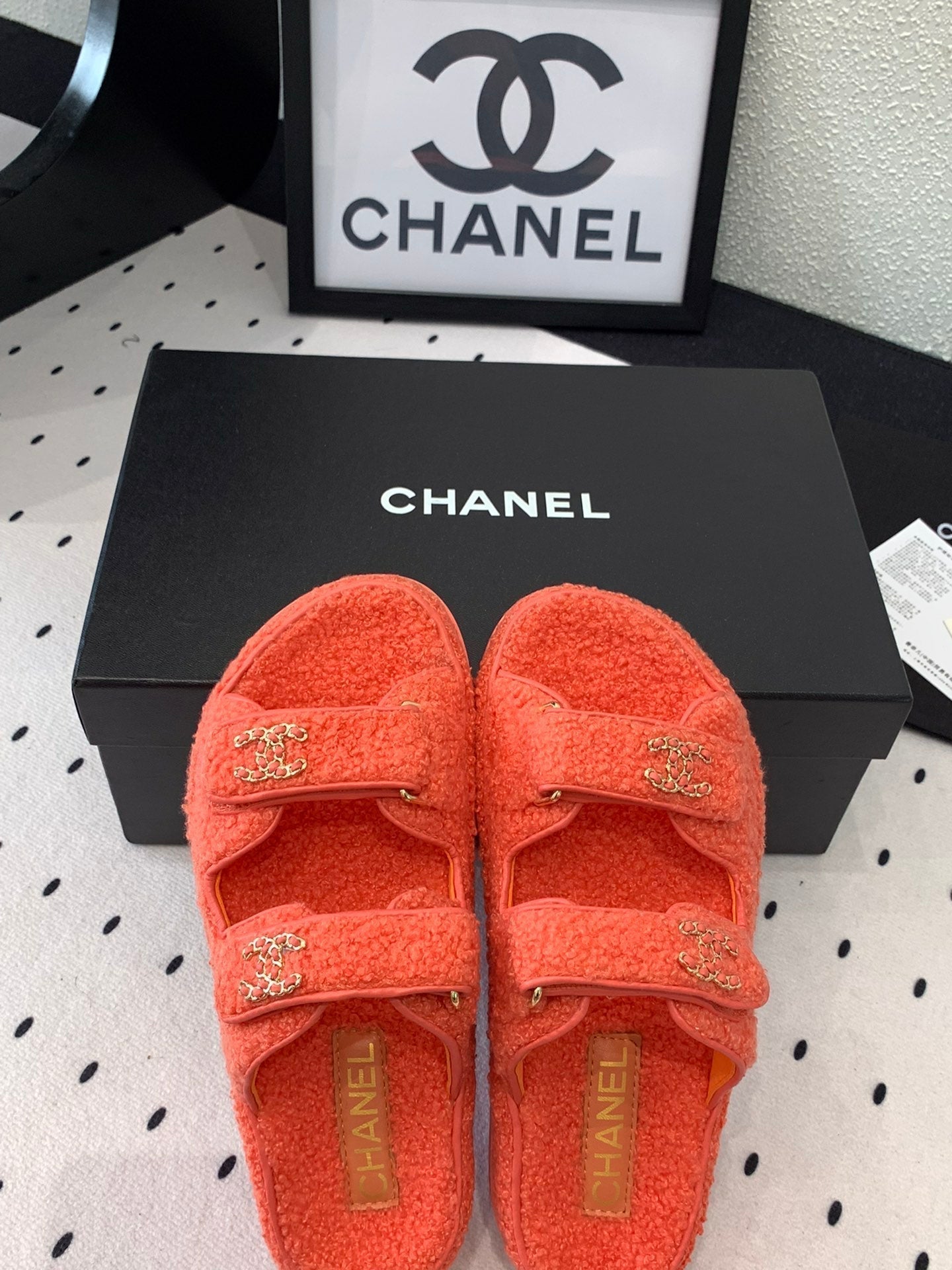 CHANEL DAD SANDAL MULE IN RED ORANGE LAMB FUR
