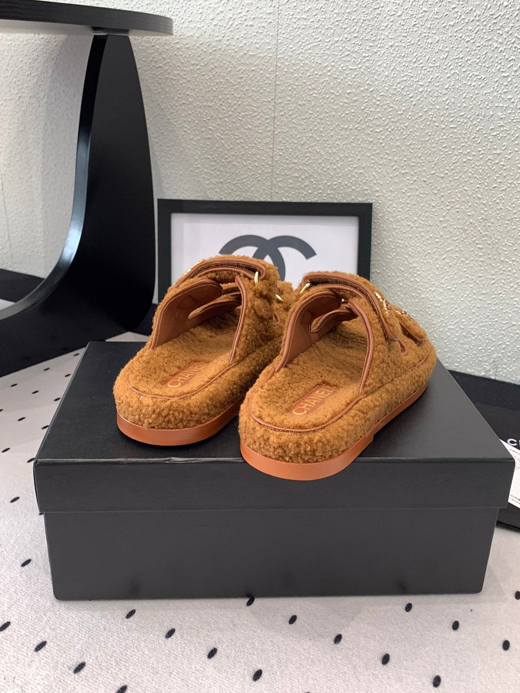 CHANEL DAD SANDAL MULE IN BRONZE BROWN LAMB FUR