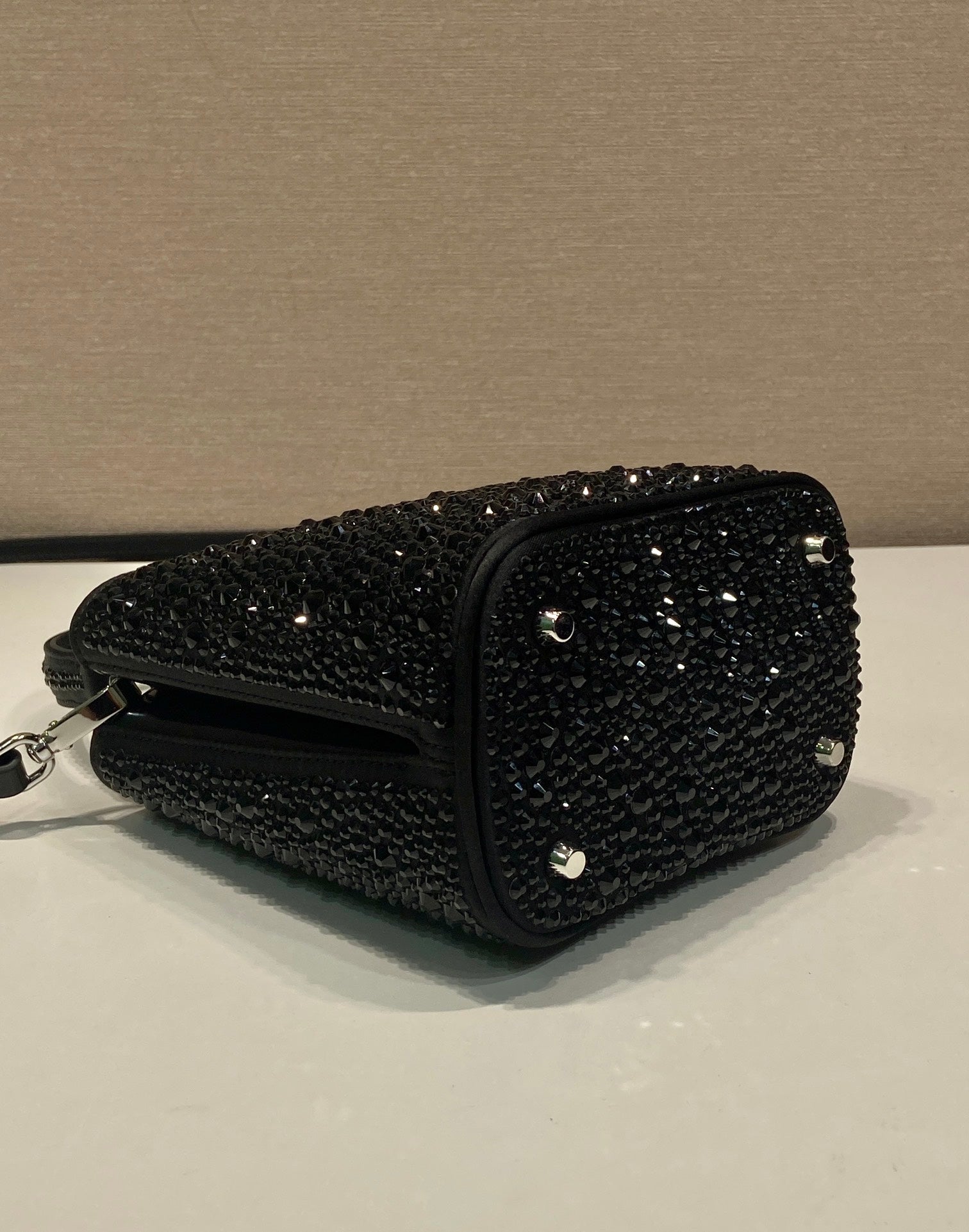 PRADA PANIER BUCKET BAG 16 IN BLACK CALFSKIN ATTACHED FULL CRYSTALS