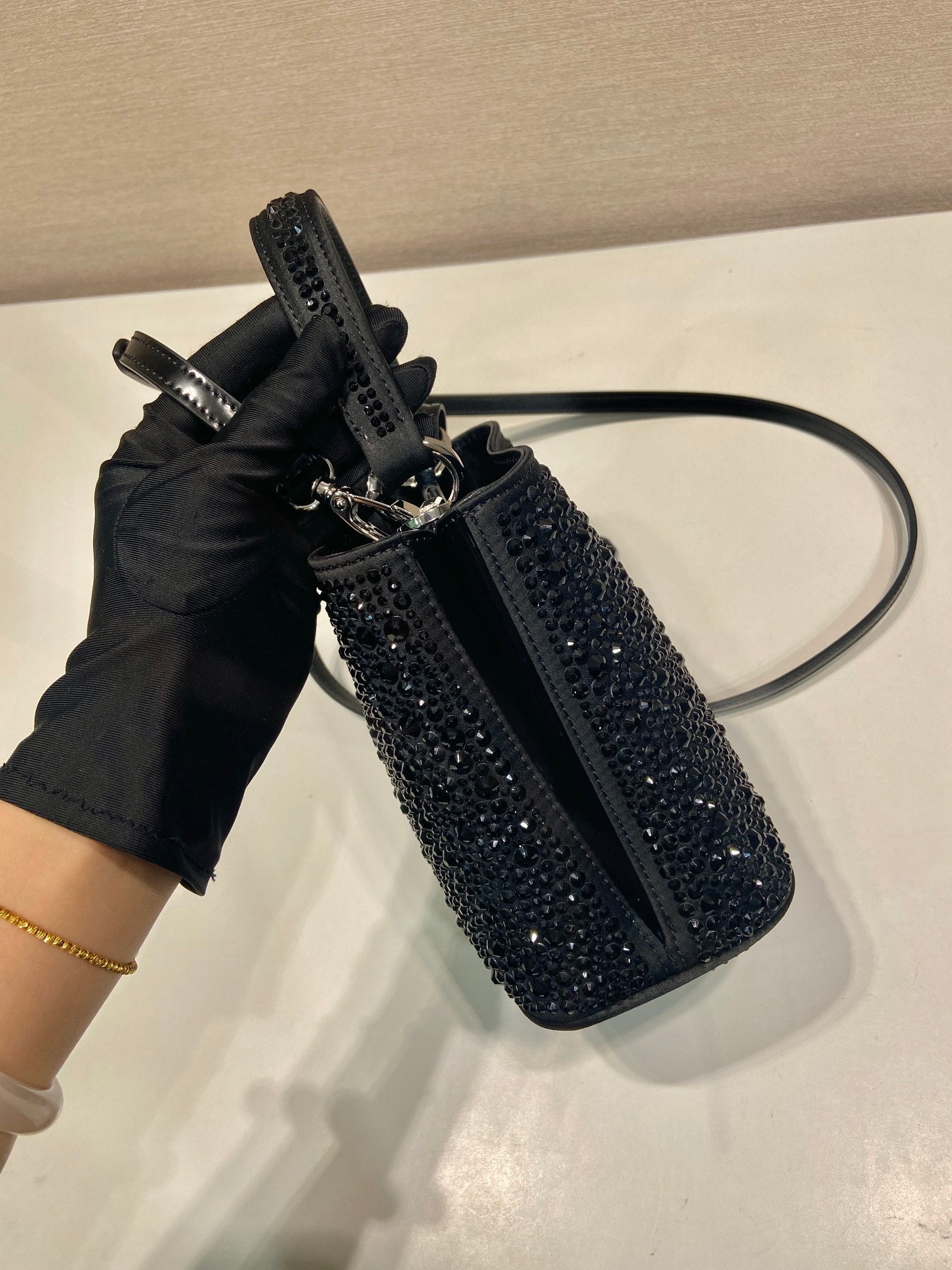 PRADA PANIER BUCKET BAG 16 IN BLACK CALFSKIN ATTACHED FULL CRYSTALS