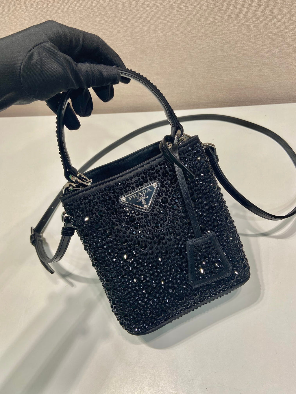 PRADA PANIER BUCKET BAG 16 IN BLACK CALFSKIN ATTACHED FULL CRYSTALS