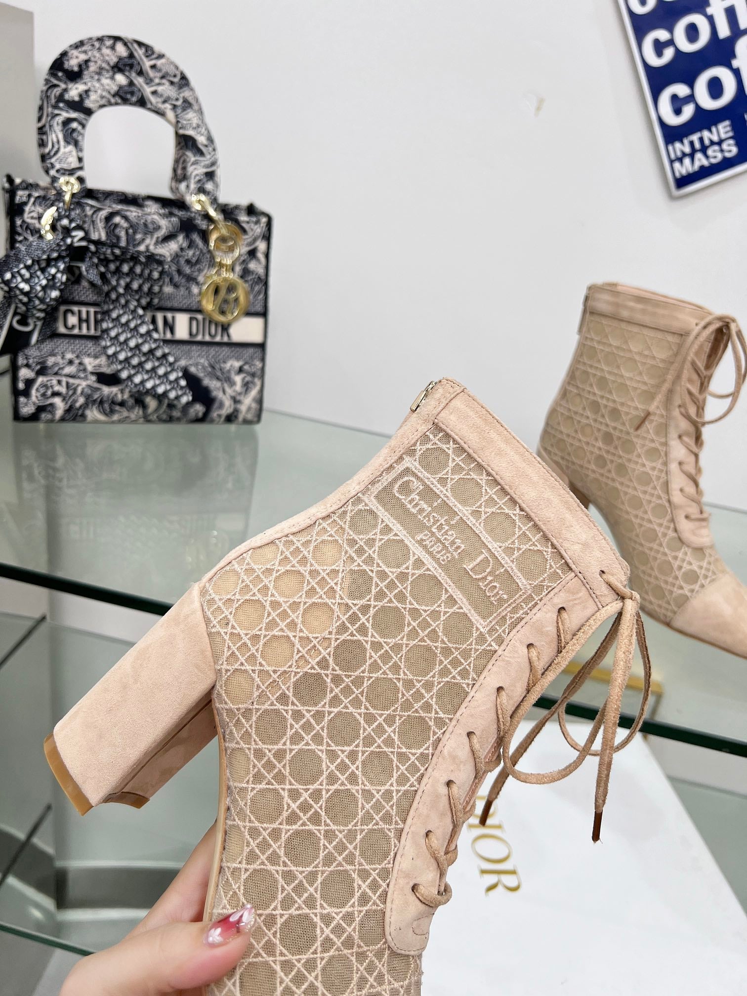 DIOR NAUGHTILY-D HEELED ANKLE BOOT IN BISQUE BEIGE CANNAGE MOTIF MESH AND SUEDE 8 CM