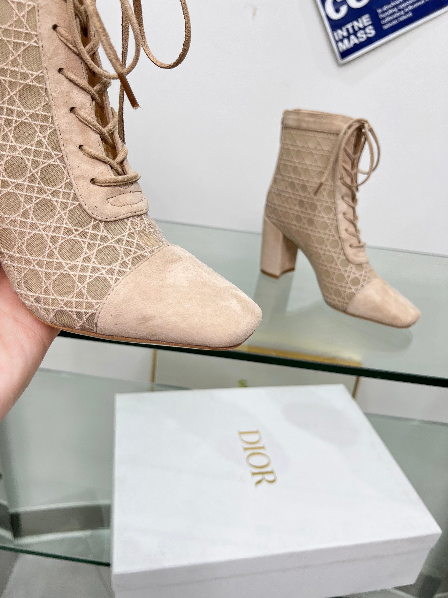 DIOR NAUGHTILY-D HEELED ANKLE BOOT IN BISQUE BEIGE CANNAGE MOTIF MESH AND SUEDE 8 CM