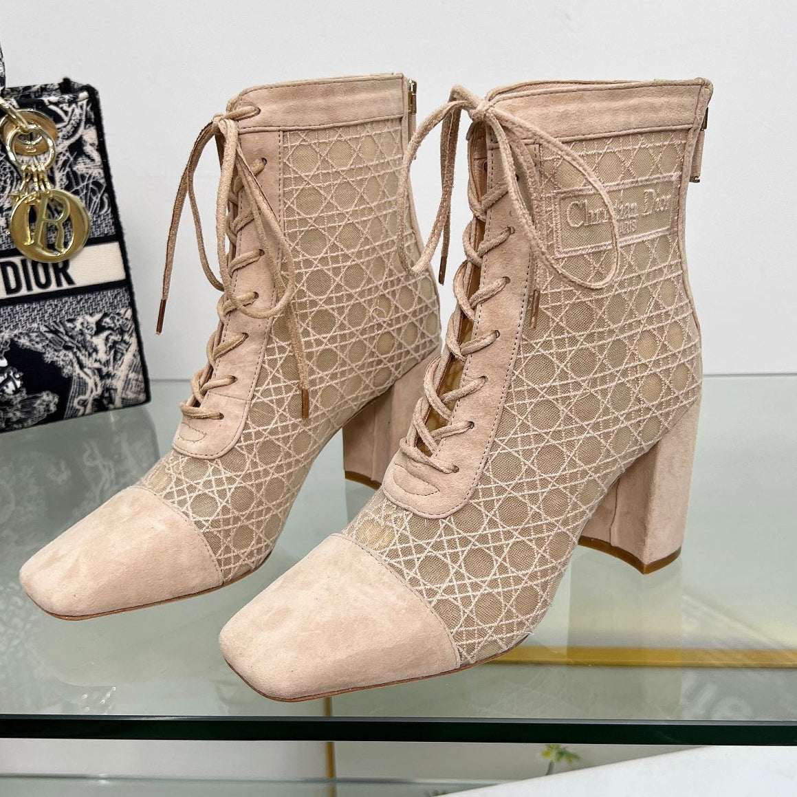 DIOR NAUGHTILY-D HEELED ANKLE BOOT IN BISQUE BEIGE CANNAGE MOTIF MESH AND SUEDE 8 CM