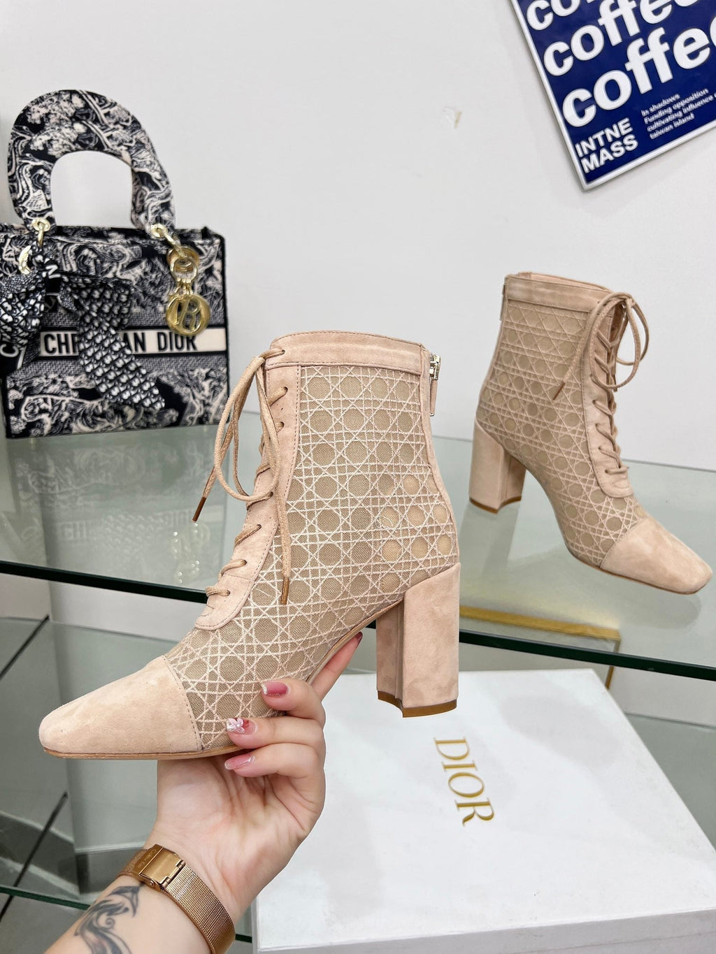 DIOR NAUGHTILY-D HEELED ANKLE BOOT IN BISQUE BEIGE CANNAGE MOTIF MESH AND SUEDE 8 CM