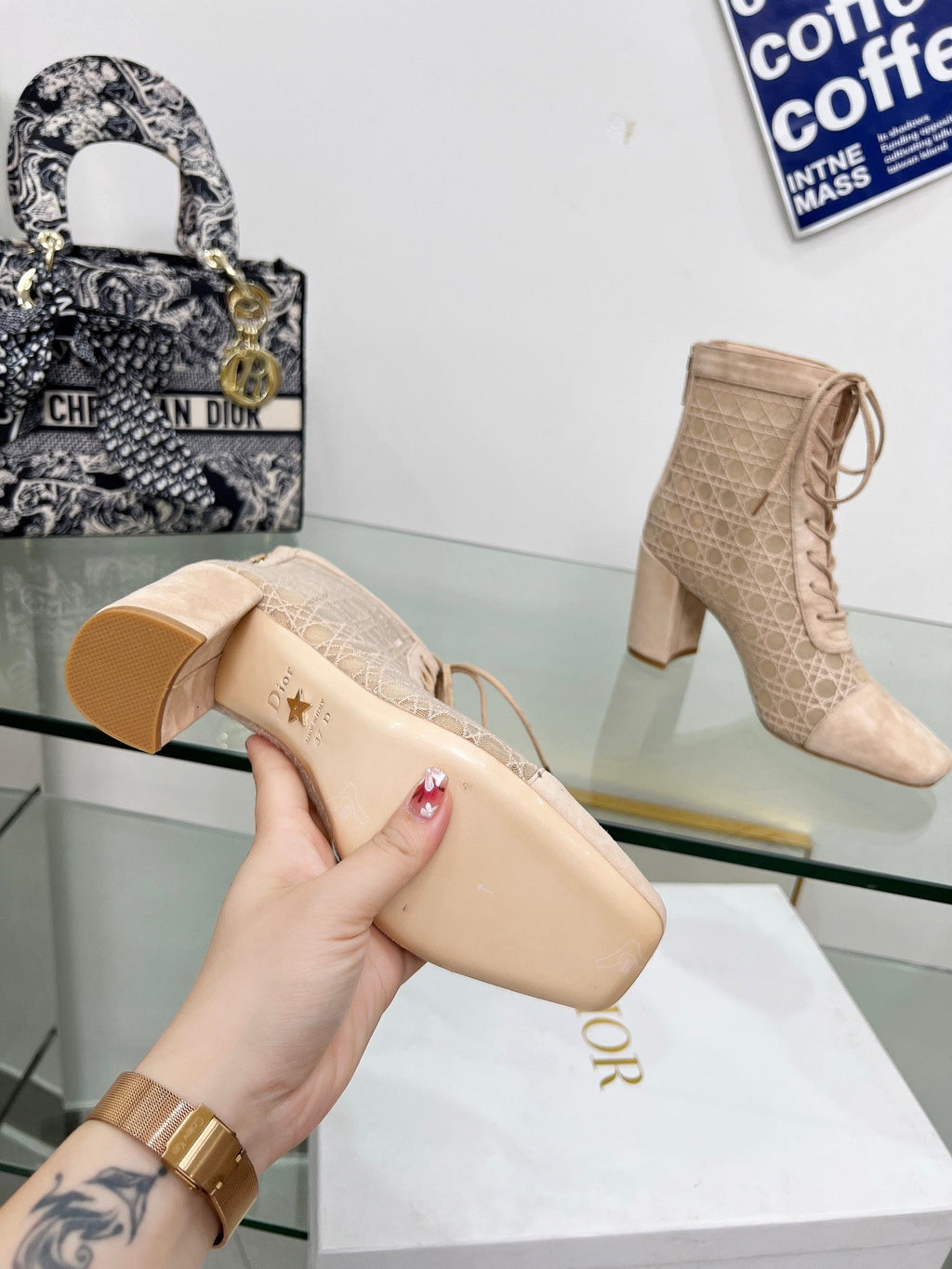 DIOR NAUGHTILY-D HEELED ANKLE BOOT IN BISQUE BEIGE CANNAGE MOTIF MESH AND SUEDE 8 CM