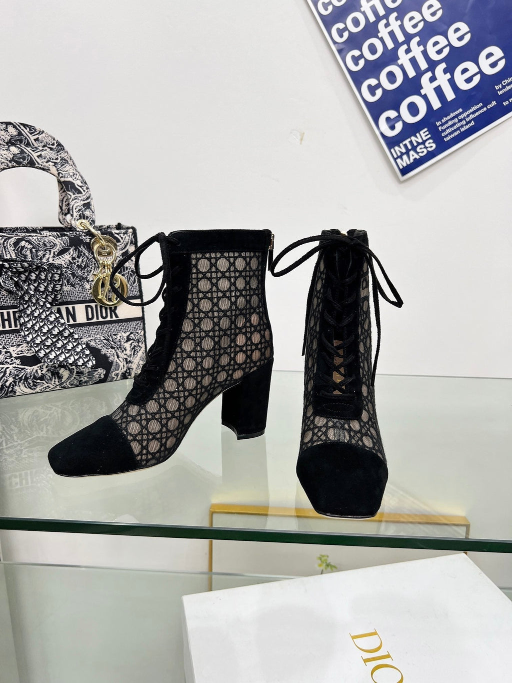 DIOR NAUGHTILY-D HEELED ANKLE BOOT IN BLACK CANNAGE MOTIF MESH AND SUEDE 8 CM