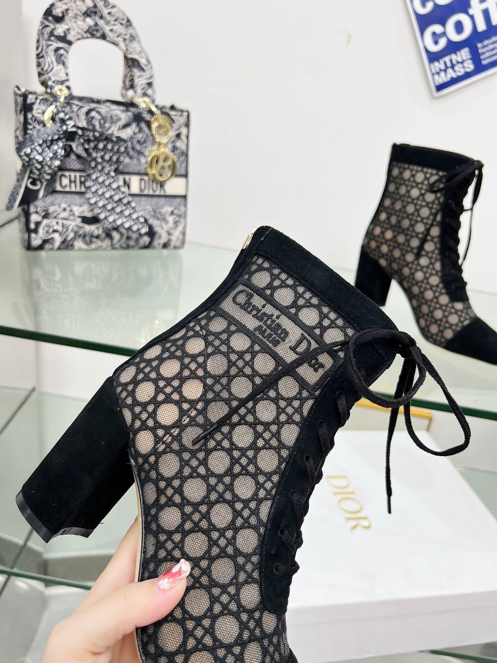 DIOR NAUGHTILY-D HEELED ANKLE BOOT IN BLACK CANNAGE MOTIF MESH AND SUEDE 8 CM