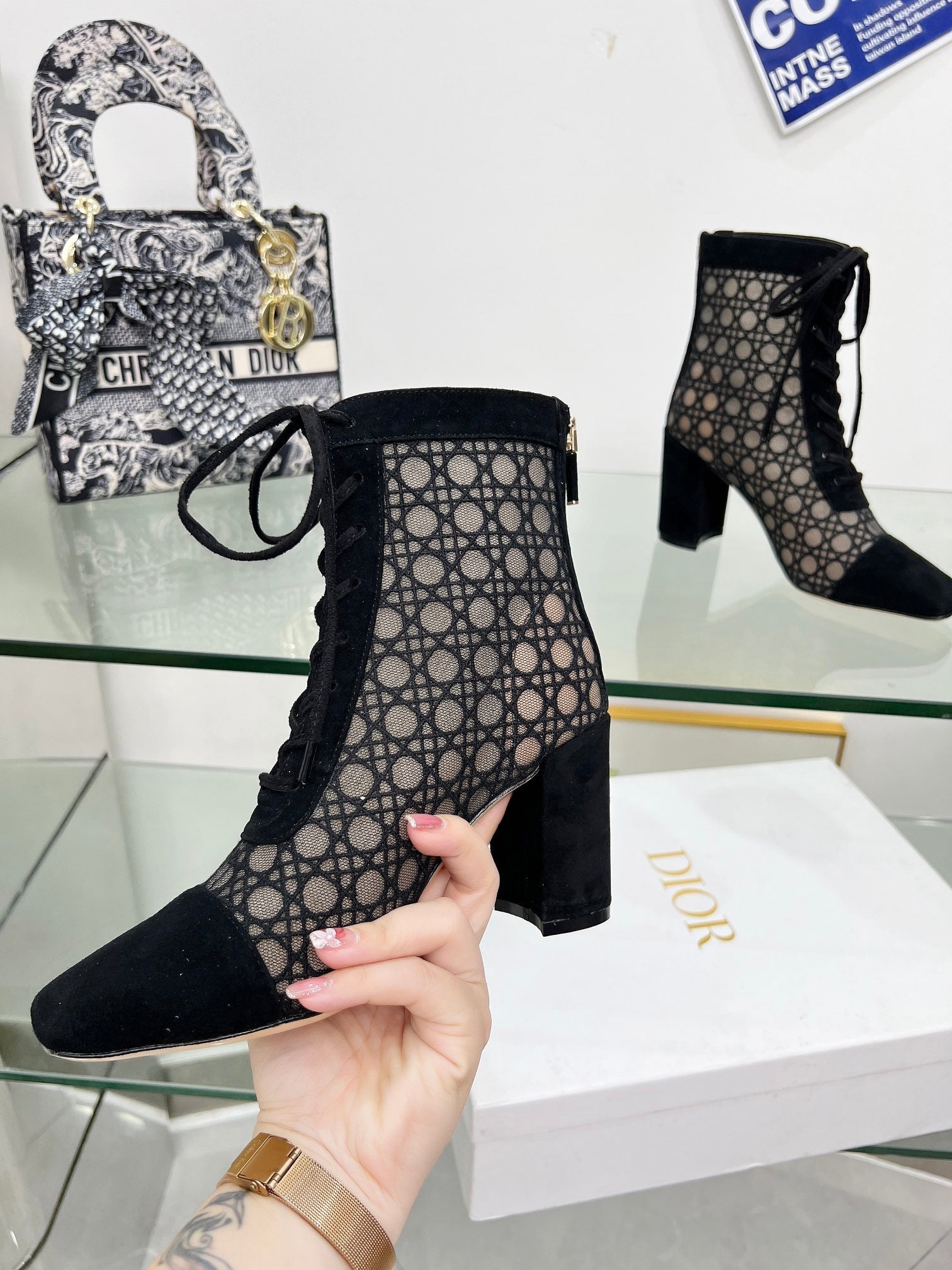 DIOR NAUGHTILY-D HEELED ANKLE BOOT IN BLACK CANNAGE MOTIF MESH AND SUEDE 8 CM