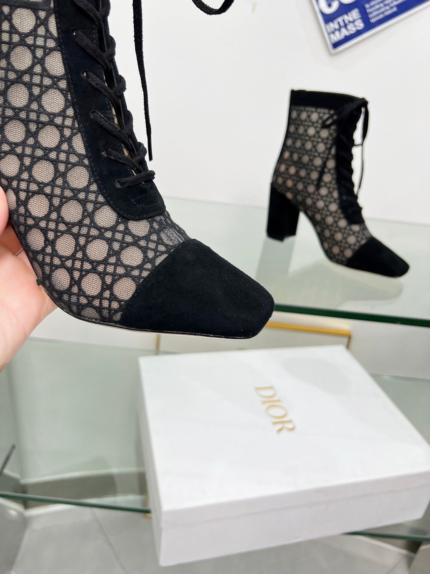DIOR NAUGHTILY-D HEELED ANKLE BOOT IN BLACK CANNAGE MOTIF MESH AND SUEDE 8 CM