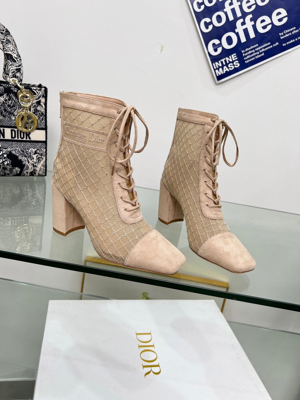DIOR NAUGHTILY-D HEELED ANKLE BOOT IN BISQUE BEIGE EMBROIDERED MESH AND SUEDE 8 CM