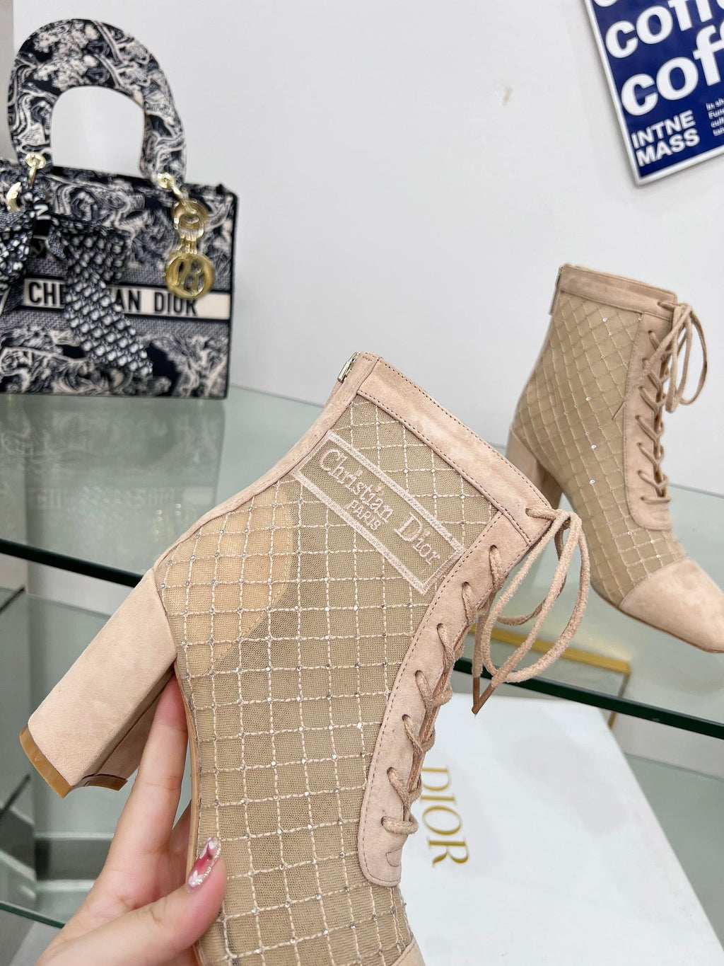 DIOR NAUGHTILY-D HEELED ANKLE BOOT IN BISQUE BEIGE EMBROIDERED MESH AND SUEDE 8 CM