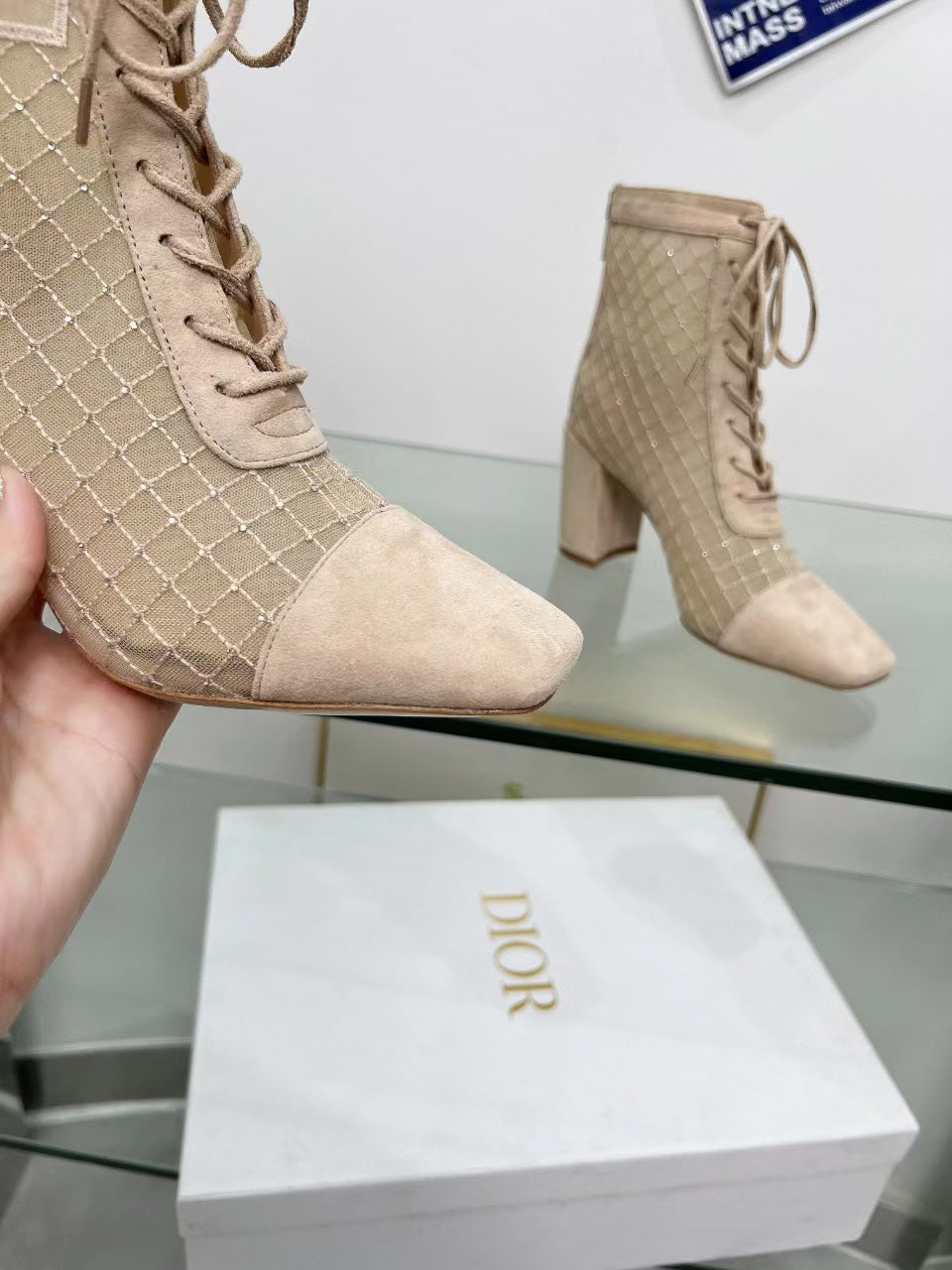 DIOR NAUGHTILY-D HEELED ANKLE BOOT IN BISQUE BEIGE EMBROIDERED MESH AND SUEDE 8 CM