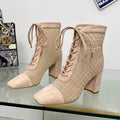 DIOR NAUGHTILY-D HEELED ANKLE BOOT IN BISQUE BEIGE EMBROIDERED MESH AND SUEDE 8 CM
