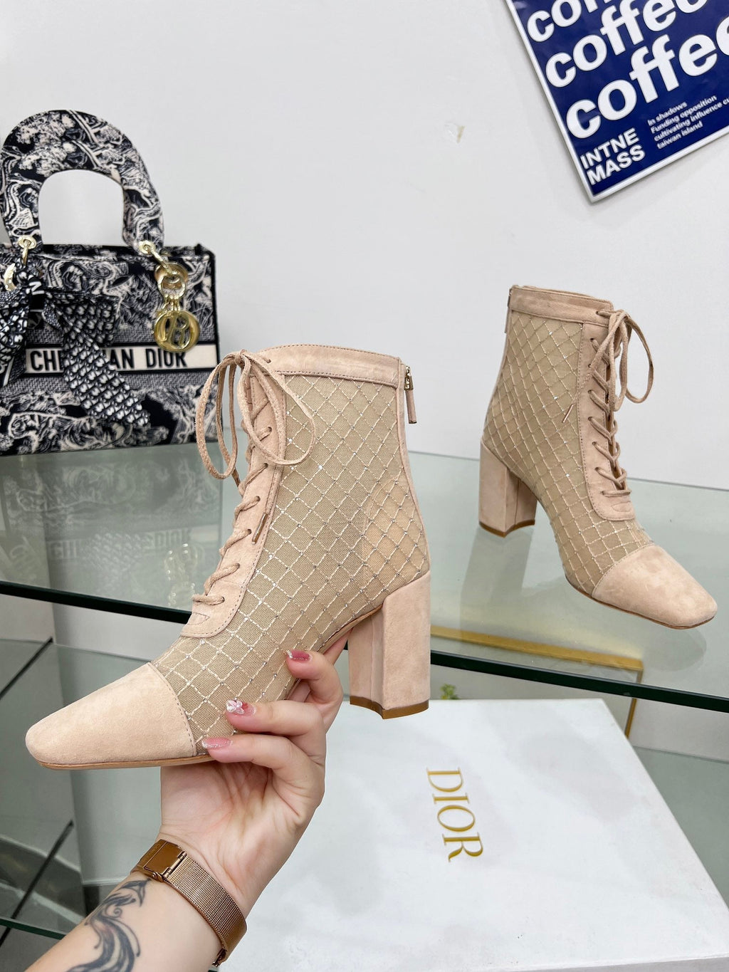 DIOR NAUGHTILY-D HEELED ANKLE BOOT IN BISQUE BEIGE EMBROIDERED MESH AND SUEDE 8 CM