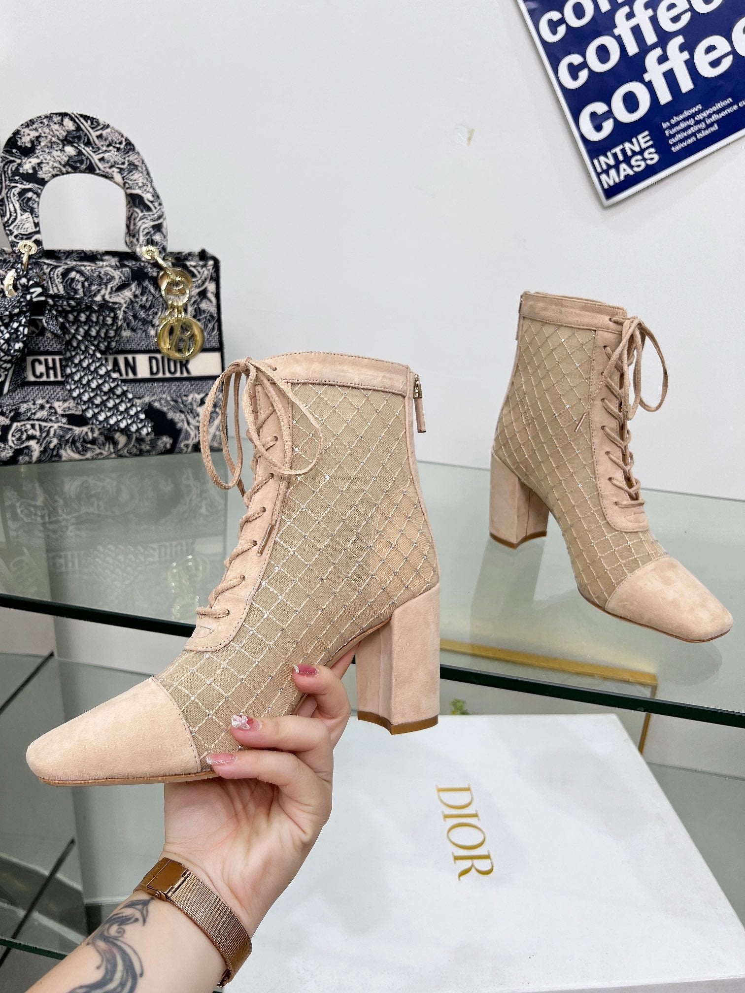 DIOR NAUGHTILY-D HEELED ANKLE BOOT IN BISQUE BEIGE EMBROIDERED MESH AND SUEDE 8 CM