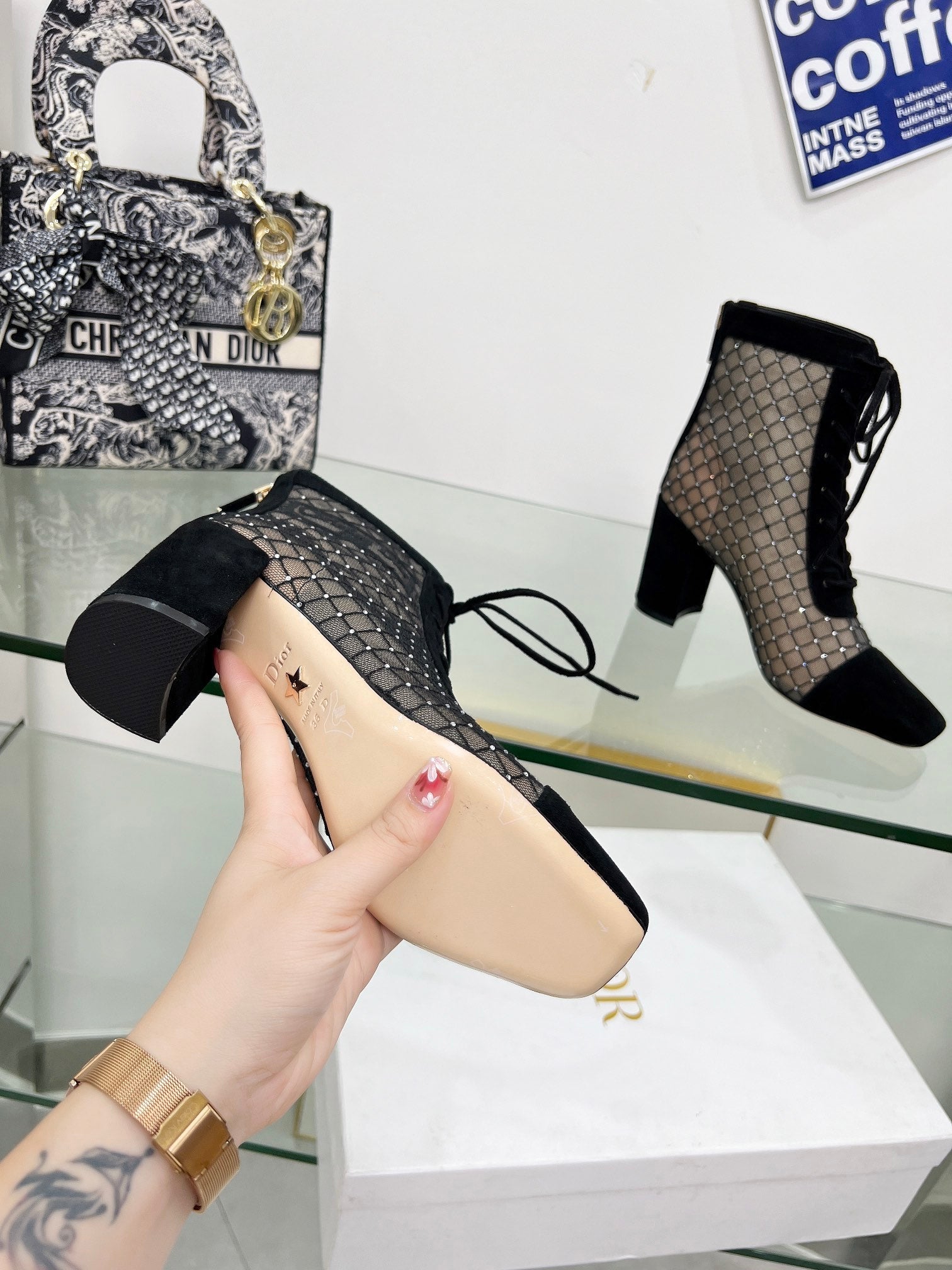 DIOR NAUGHTILY-D HEELED ANKLE BOOT IN BLACK EMBROIDERED MESH AND SUEDE 8 CM