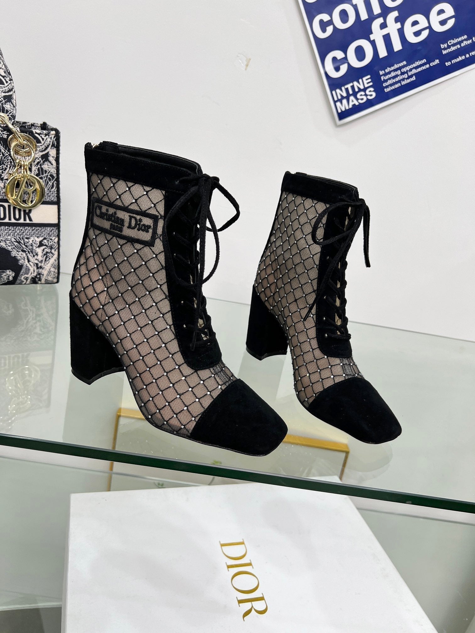 DIOR NAUGHTILY-D HEELED ANKLE BOOT IN BLACK EMBROIDERED MESH AND SUEDE 8 CM