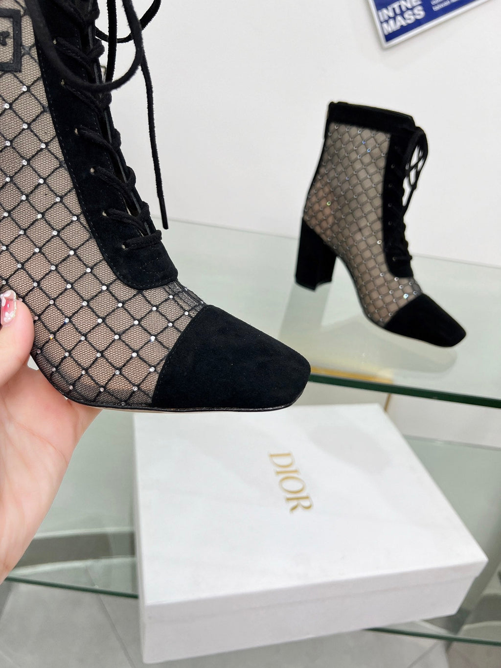 DIOR NAUGHTILY-D HEELED ANKLE BOOT IN BLACK EMBROIDERED MESH AND SUEDE 8 CM