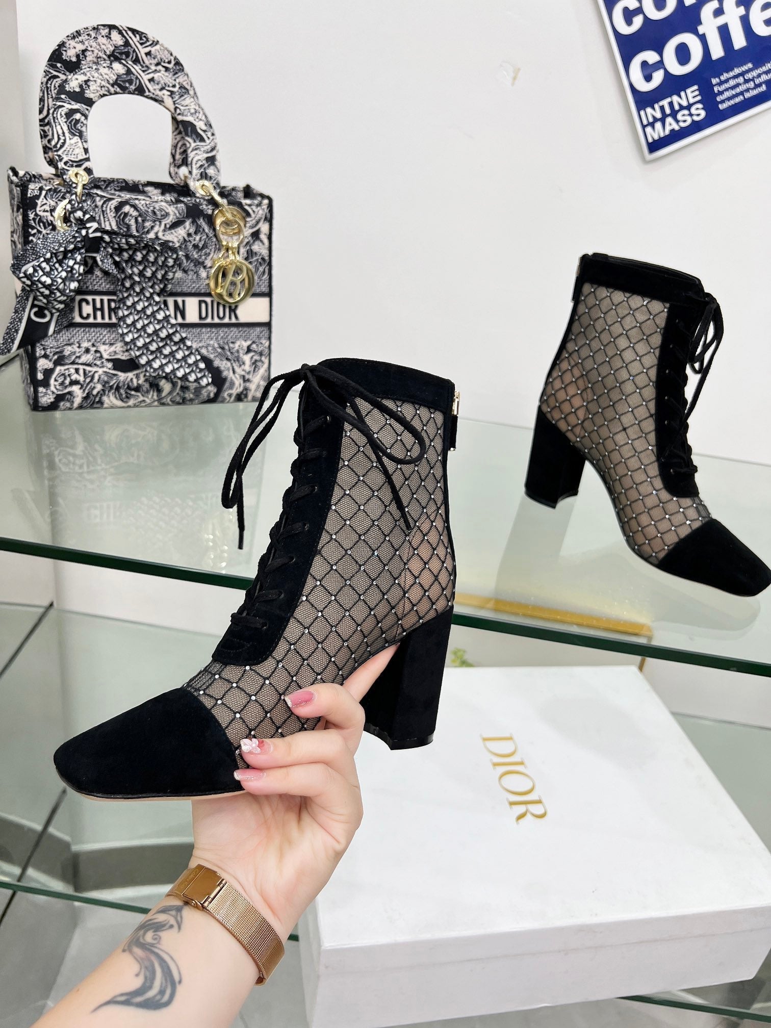 DIOR NAUGHTILY-D HEELED ANKLE BOOT IN BLACK EMBROIDERED MESH AND SUEDE 8 CM