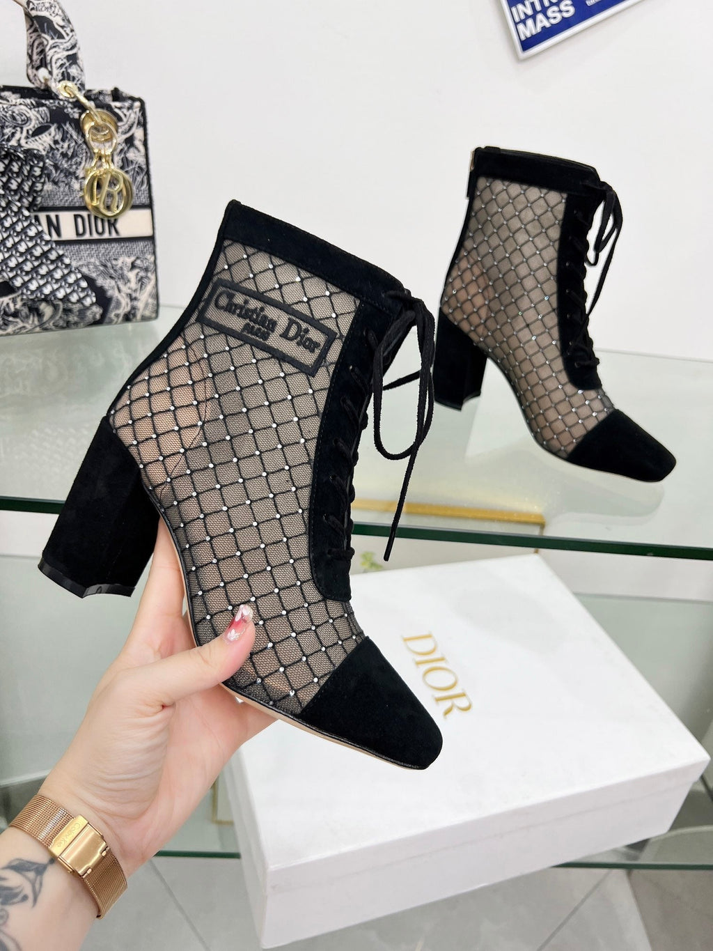 DIOR NAUGHTILY-D HEELED ANKLE BOOT IN BLACK EMBROIDERED MESH AND SUEDE 8 CM