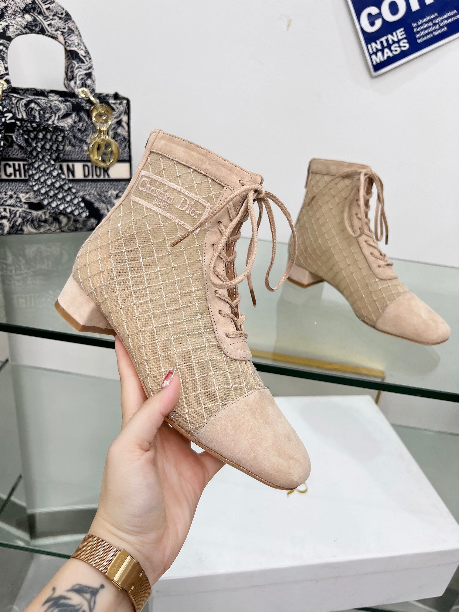 DIOR NAUGHTILY-D HEELED ANKLE BOOT IN BISQUE BEIGE EMBROIDERED MESH AND SUEDE 35 MM