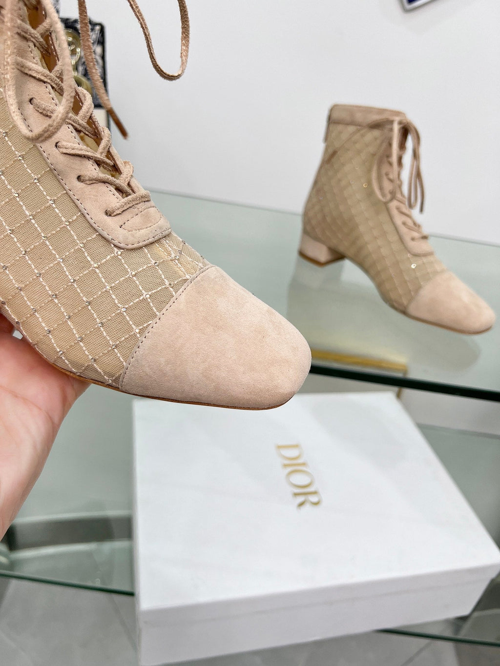 DIOR NAUGHTILY-D HEELED ANKLE BOOT IN BISQUE BEIGE EMBROIDERED MESH AND SUEDE 35 MM