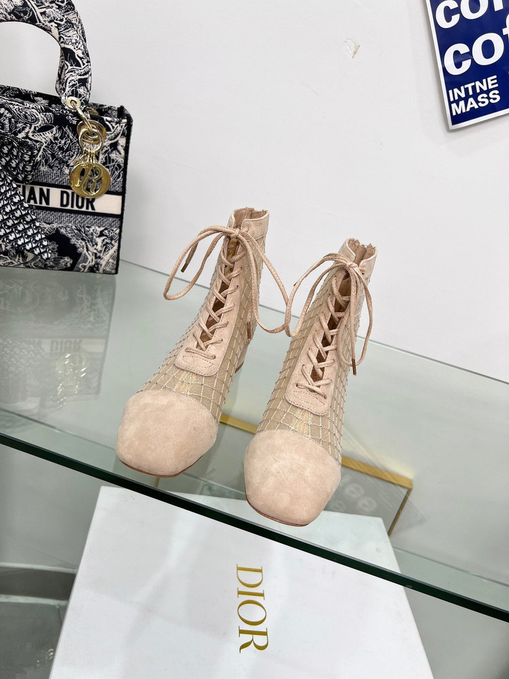 DIOR NAUGHTILY-D HEELED ANKLE BOOT IN BISQUE BEIGE EMBROIDERED MESH AND SUEDE 35 MM