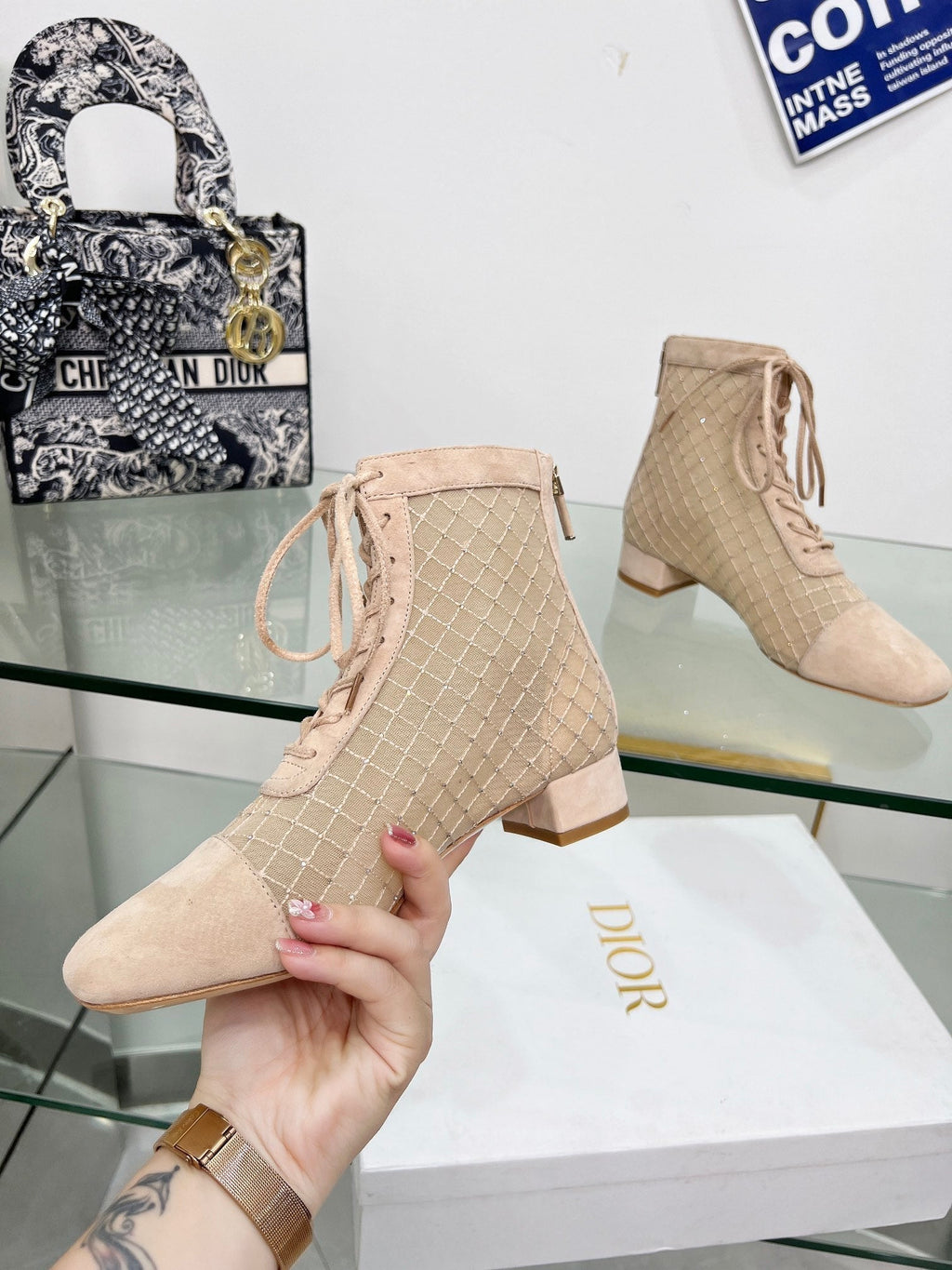 DIOR NAUGHTILY-D HEELED ANKLE BOOT IN BISQUE BEIGE EMBROIDERED MESH AND SUEDE 35 MM