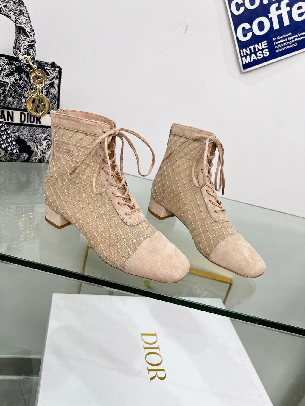DIOR NAUGHTILY-D HEELED ANKLE BOOT IN BISQUE BEIGE EMBROIDERED MESH AND SUEDE 35 MM