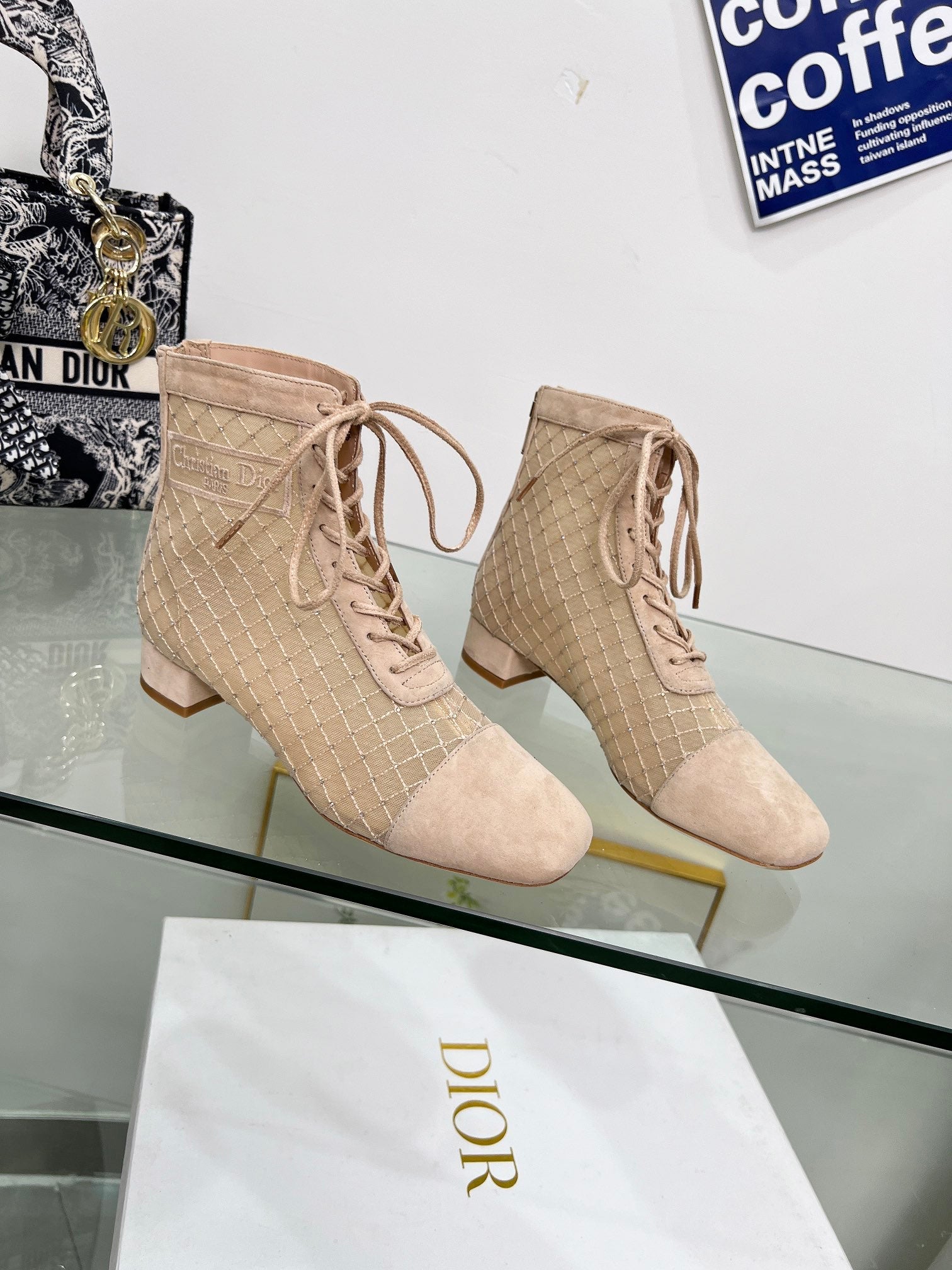 DIOR NAUGHTILY-D HEELED ANKLE BOOT IN BISQUE BEIGE EMBROIDERED MESH AND SUEDE 35 MM