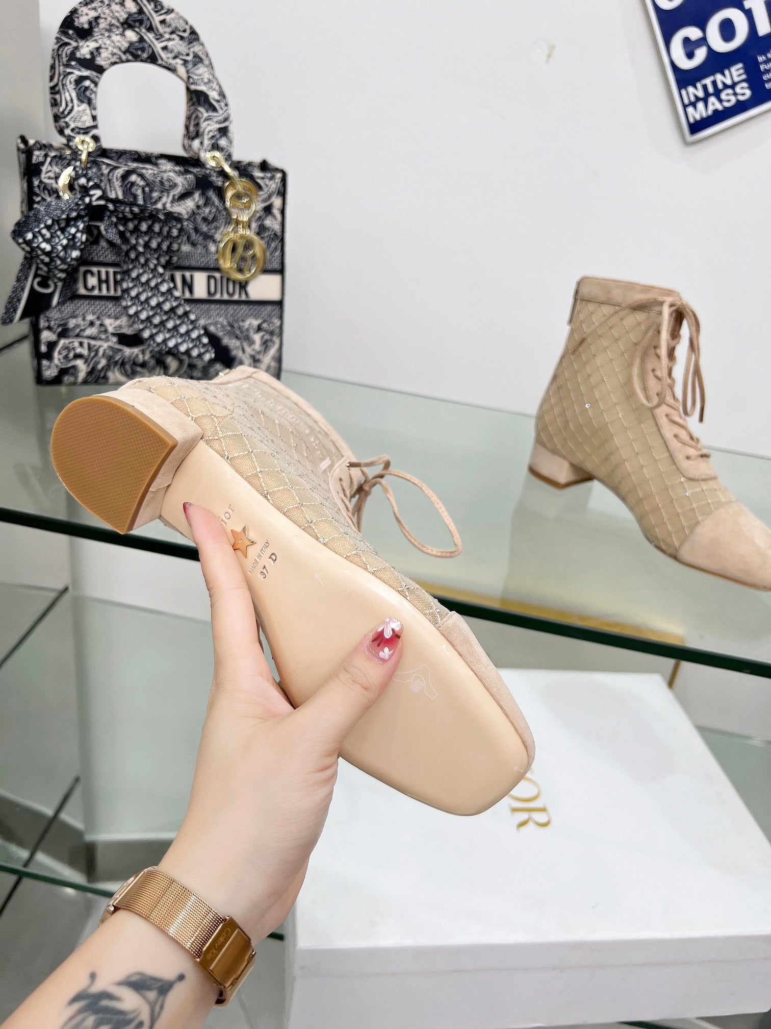 DIOR NAUGHTILY-D HEELED ANKLE BOOT IN BISQUE BEIGE EMBROIDERED MESH AND SUEDE 35 MM