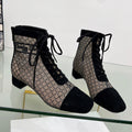 DIOR NAUGHTILY-D HEELED ANKLE BOOT IN BLACK EMBROIDERED MESH AND SUEDE 35 MM