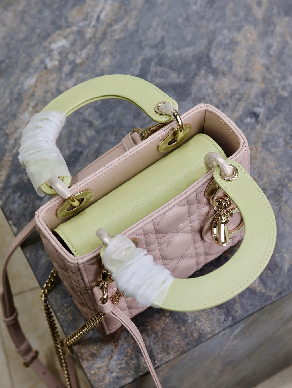 DIOR MINI LADY BAG 17 IN BABY PINK QUILTED MACROCANNAGE CALFSKIN SWAMP YELLOW STRAP
