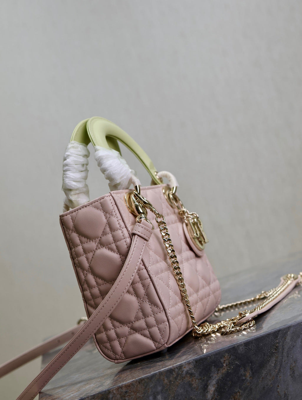 DIOR MINI LADY BAG 17 IN BABY PINK QUILTED MACROCANNAGE CALFSKIN SWAMP YELLOW STRAP