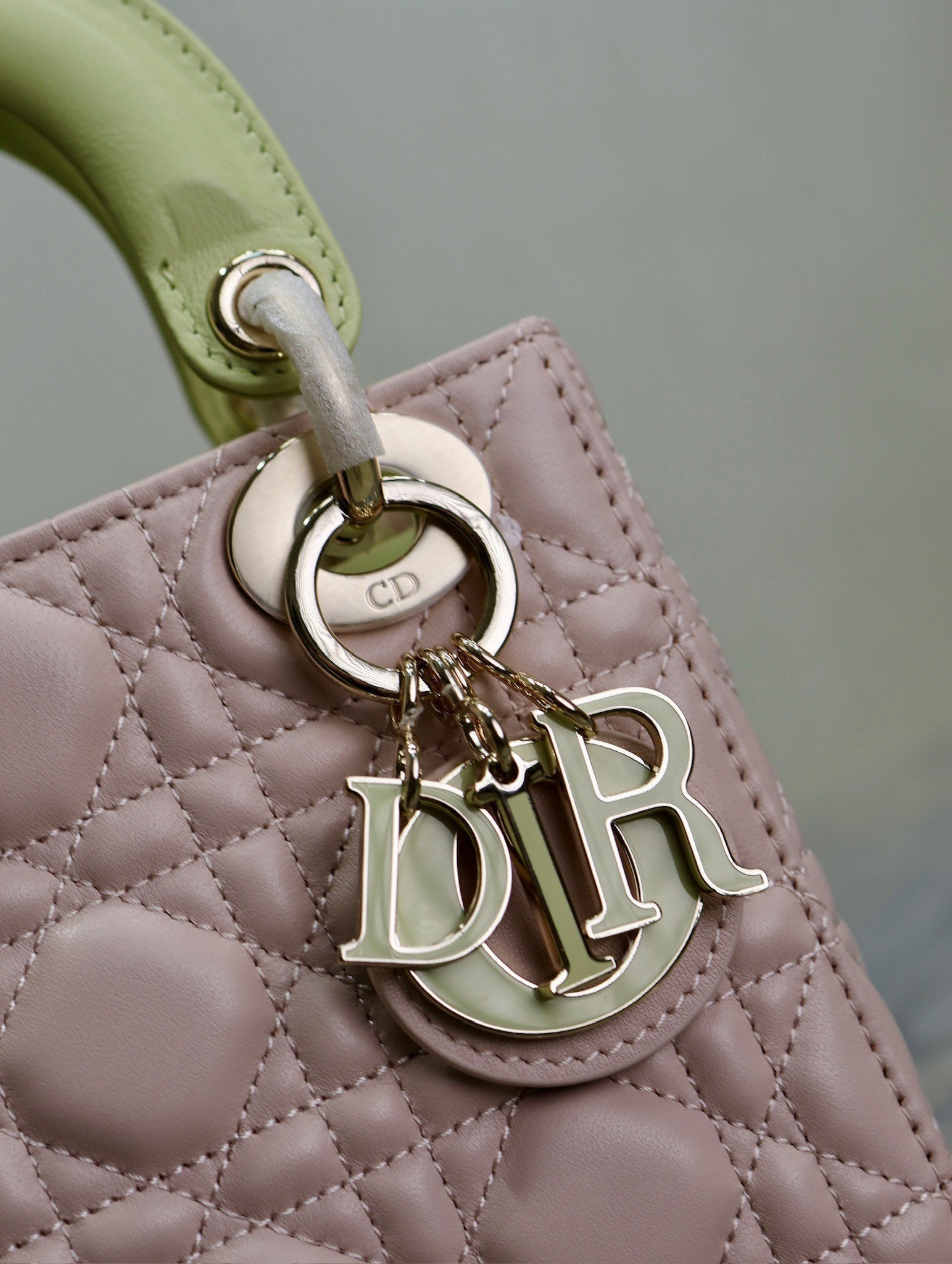DIOR MINI LADY BAG 17 IN BABY PINK QUILTED MACROCANNAGE CALFSKIN SWAMP YELLOW STRAP