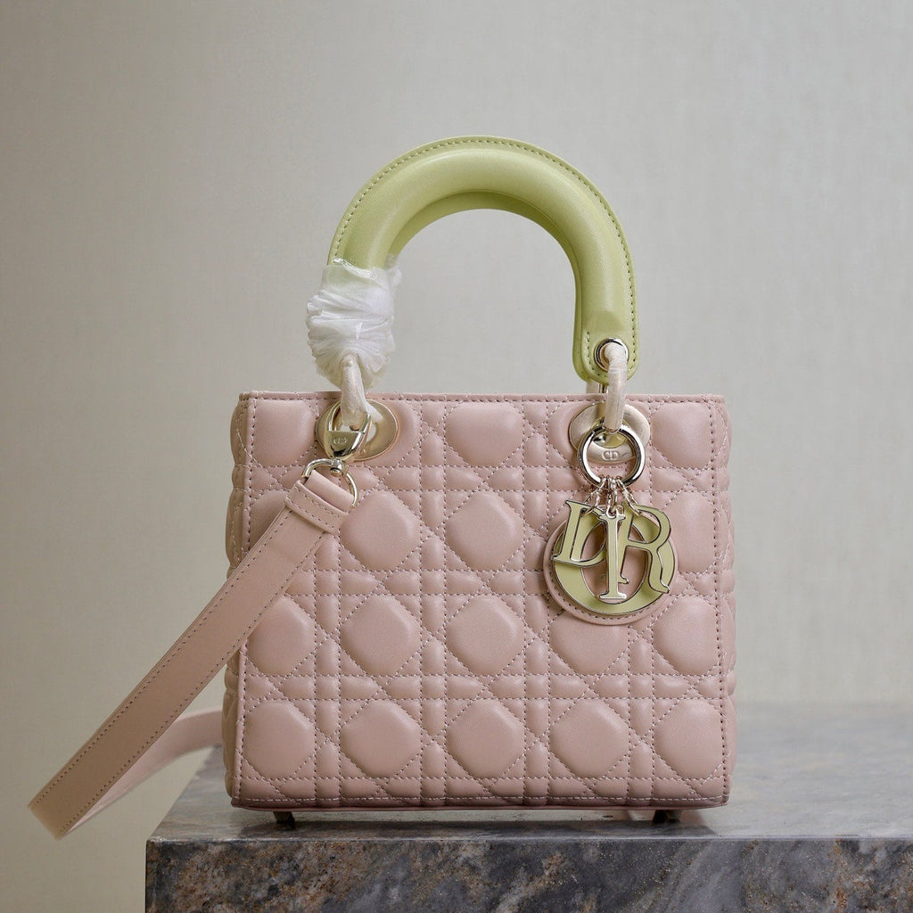 DIOR MEDIUM LADY BAG 20 IN BABY PINK QUILTED MACROCANNAGE CALFSKIN SWAMP YELLOW STRAP