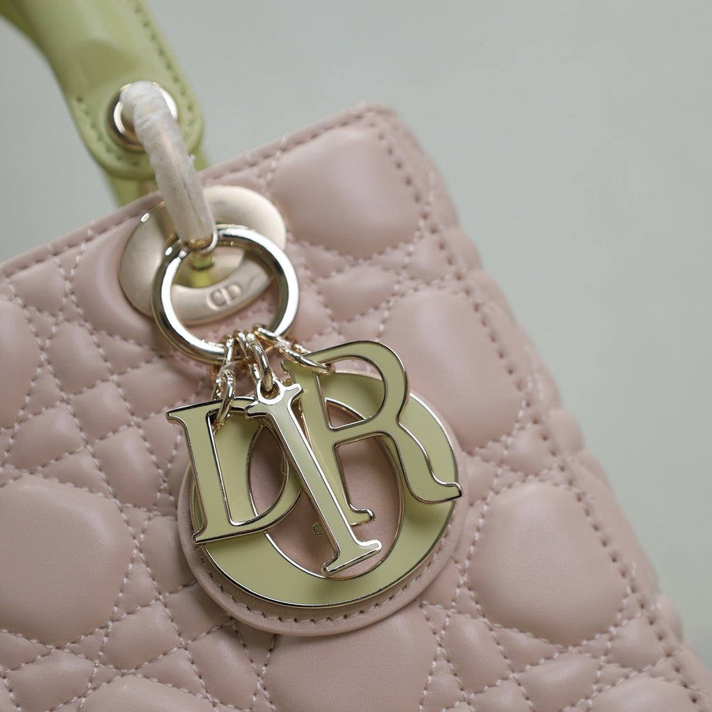DIOR MEDIUM LADY BAG 20 IN BABY PINK QUILTED MACROCANNAGE CALFSKIN SWAMP YELLOW STRAP