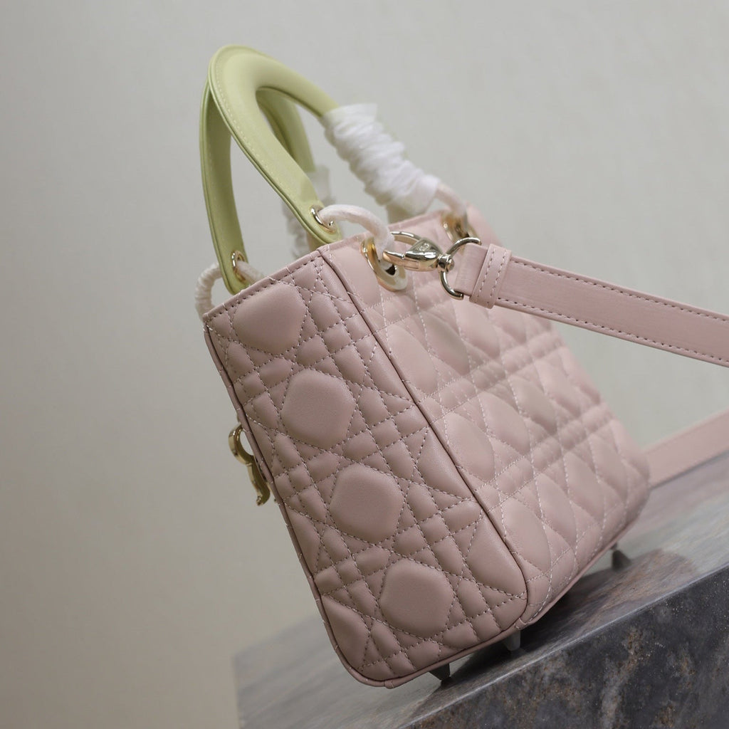 DIOR MEDIUM LADY BAG 20 IN BABY PINK QUILTED MACROCANNAGE CALFSKIN SWAMP YELLOW STRAP