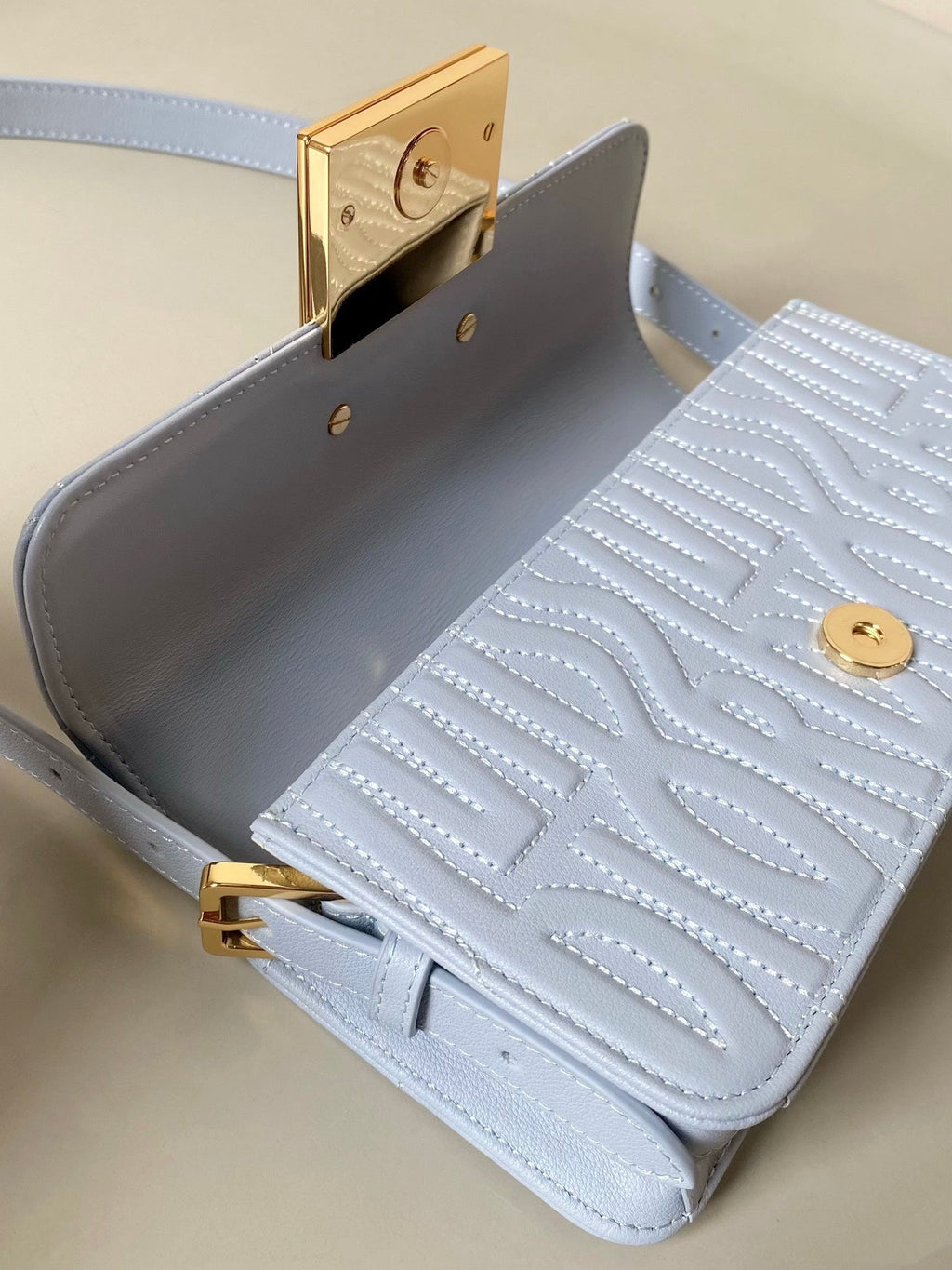 DIOR MEDIUM FLAP BAG 22 IN BABY BLUE QUILTED ALLOVER CALFSKIN