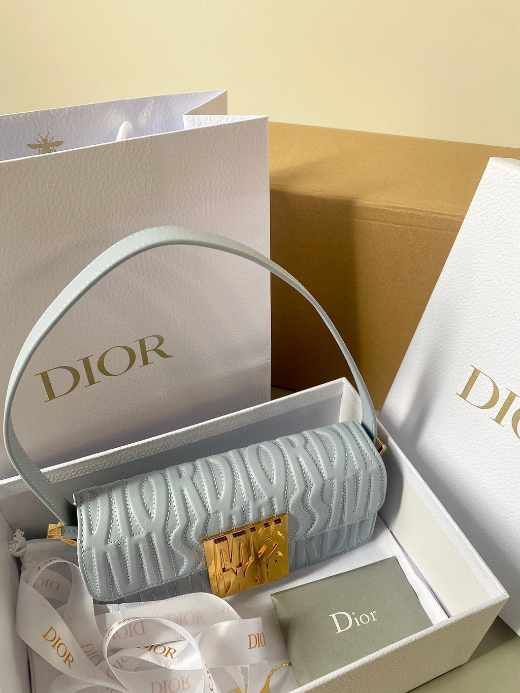 DIOR MEDIUM FLAP BAG 22 IN BABY BLUE QUILTED ALLOVER CALFSKIN