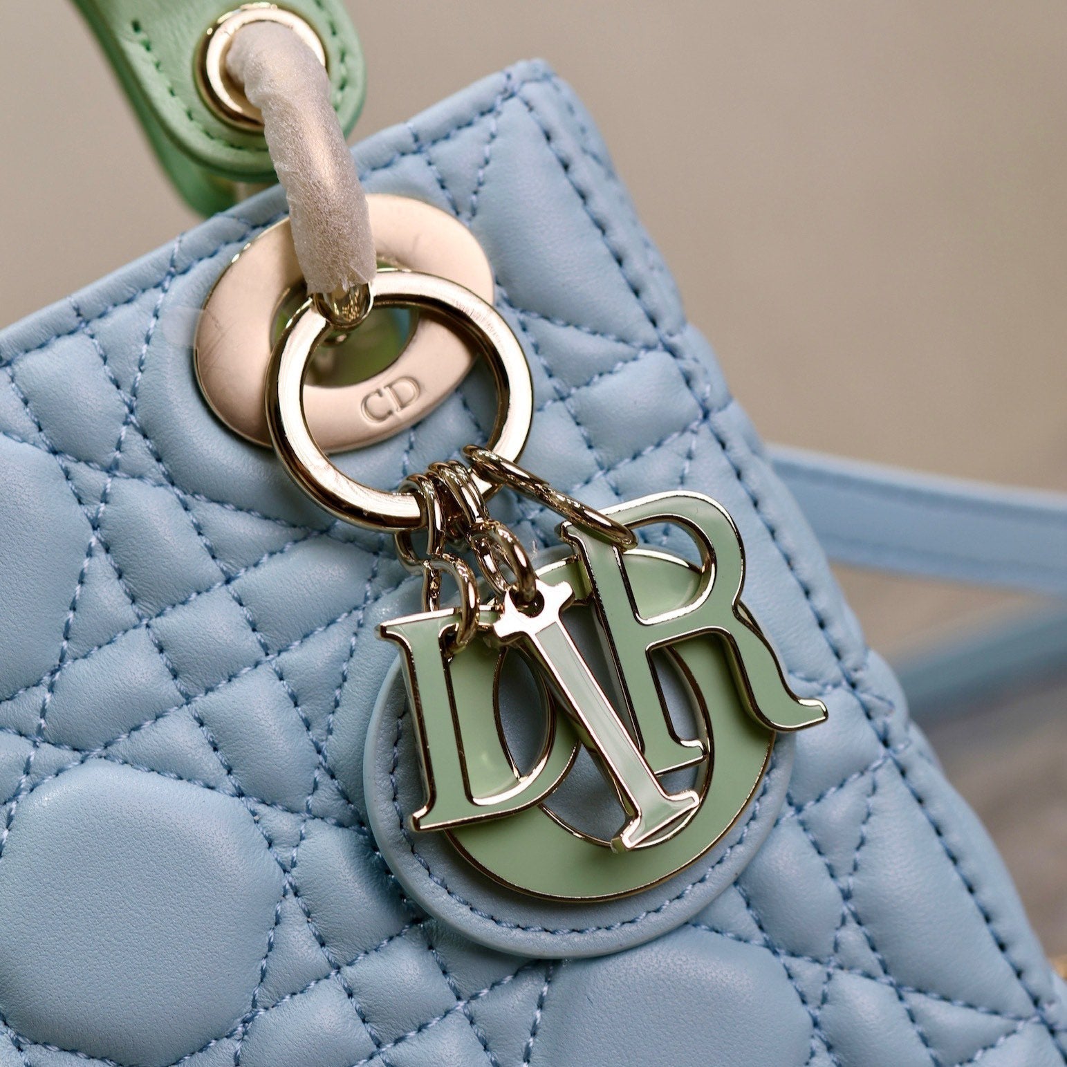 DIOR MINI LADY BAG 17 IN BABY BLUE QUILTED MACROCANNAGE CALFSKIN GREEN STRAP
