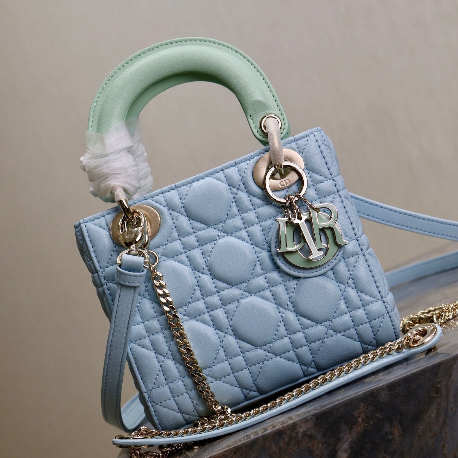 DIOR MINI LADY BAG 17 IN BABY BLUE QUILTED MACROCANNAGE CALFSKIN GREEN STRAP
