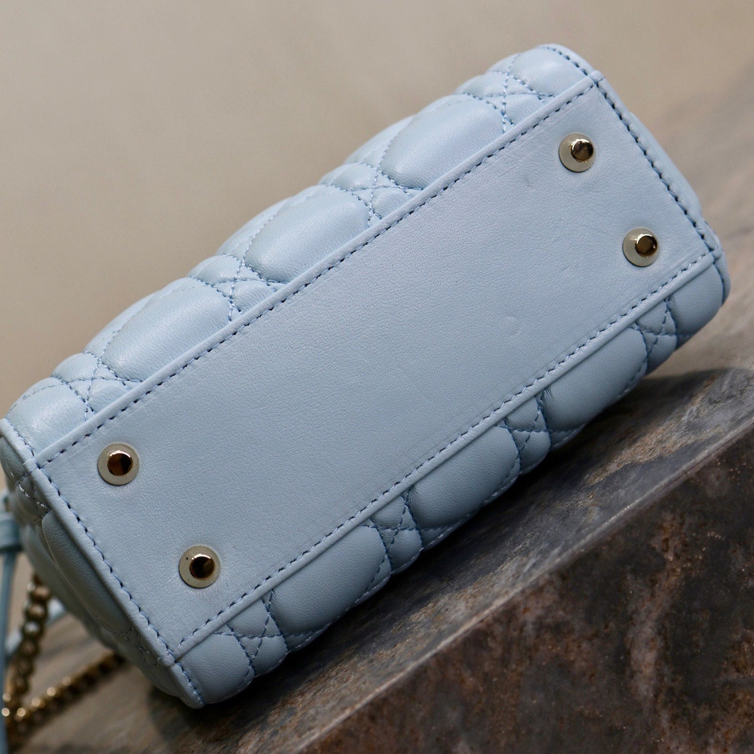 DIOR MINI LADY BAG 17 IN BABY BLUE QUILTED MACROCANNAGE CALFSKIN GREEN STRAP