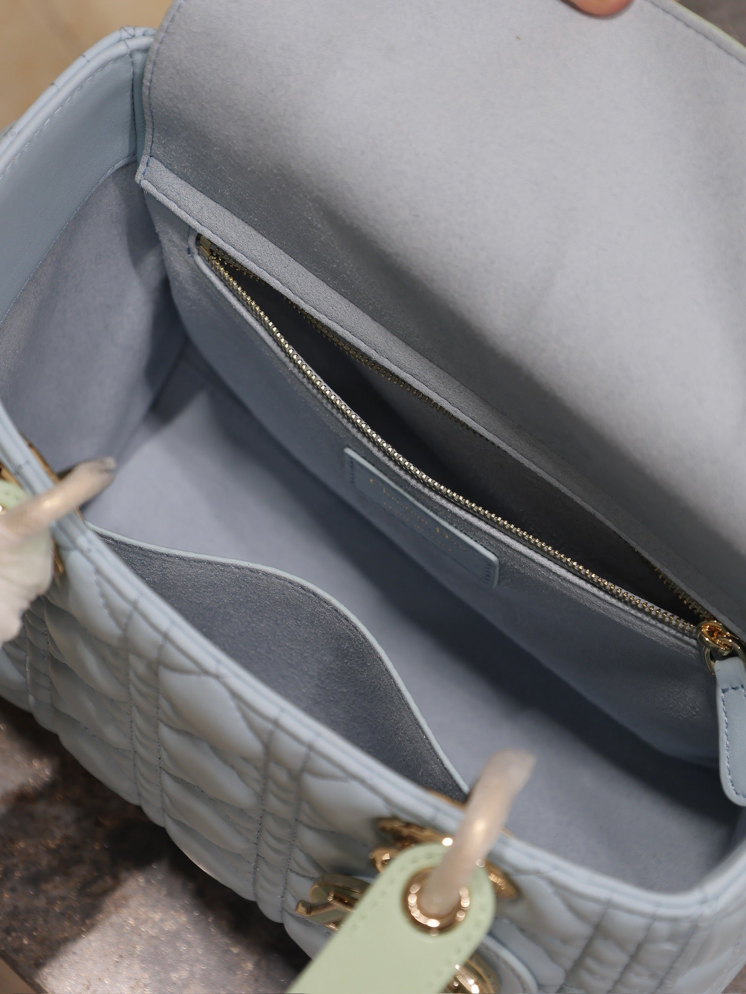 DIOR LADY BAG 24 IN BABY BLUE QUILTED MACROCANNAGE CALFSKIN GREEN STRAP