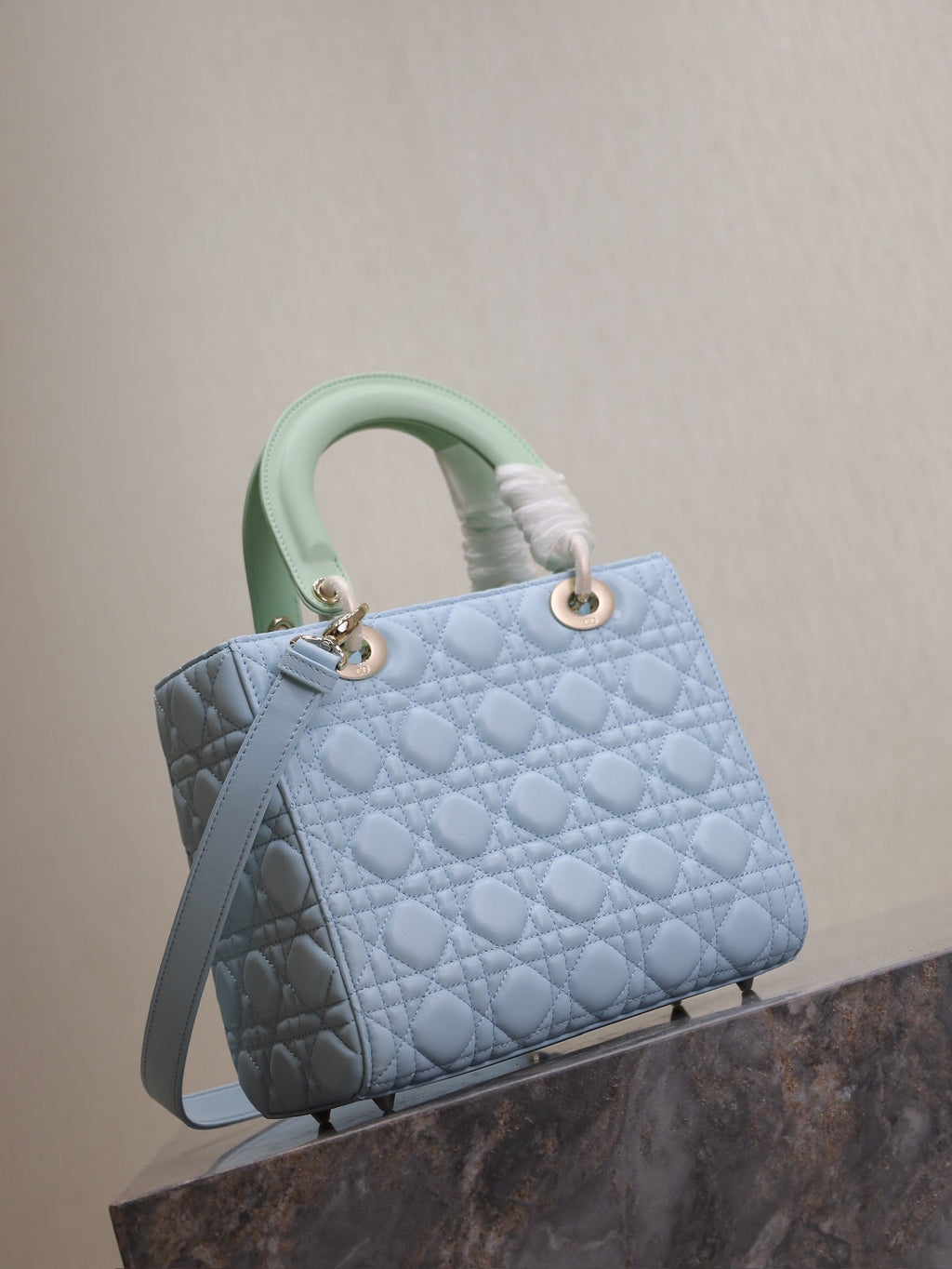 DIOR LADY BAG 24 IN BABY BLUE QUILTED MACROCANNAGE CALFSKIN GREEN STRAP