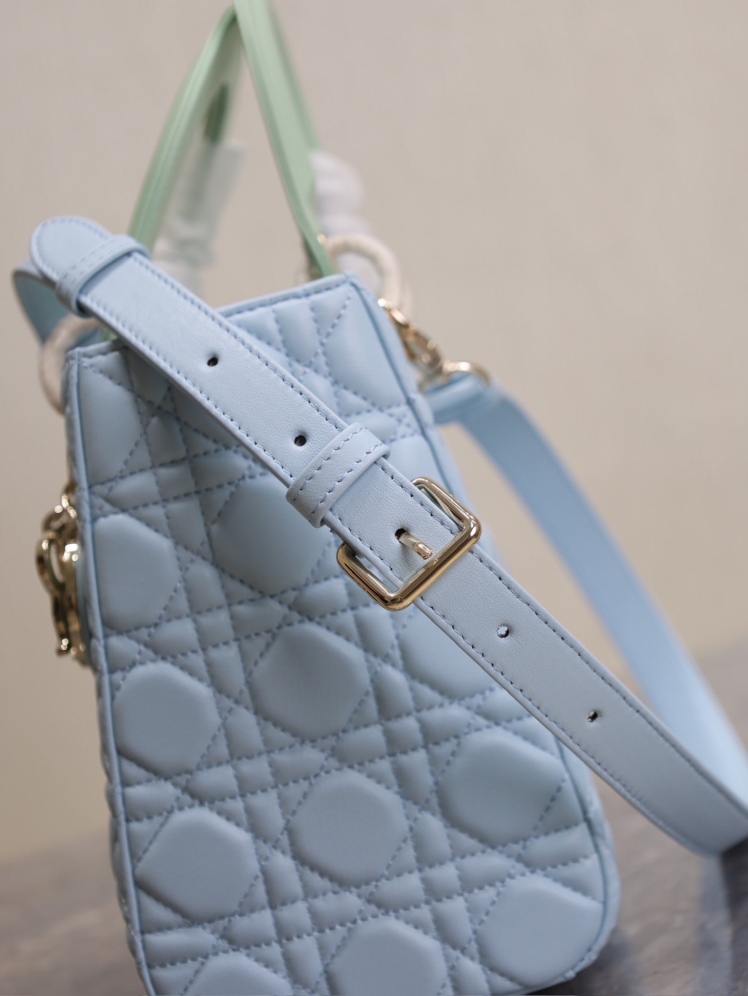 DIOR LADY BAG 24 IN BABY BLUE QUILTED MACROCANNAGE CALFSKIN GREEN STRAP