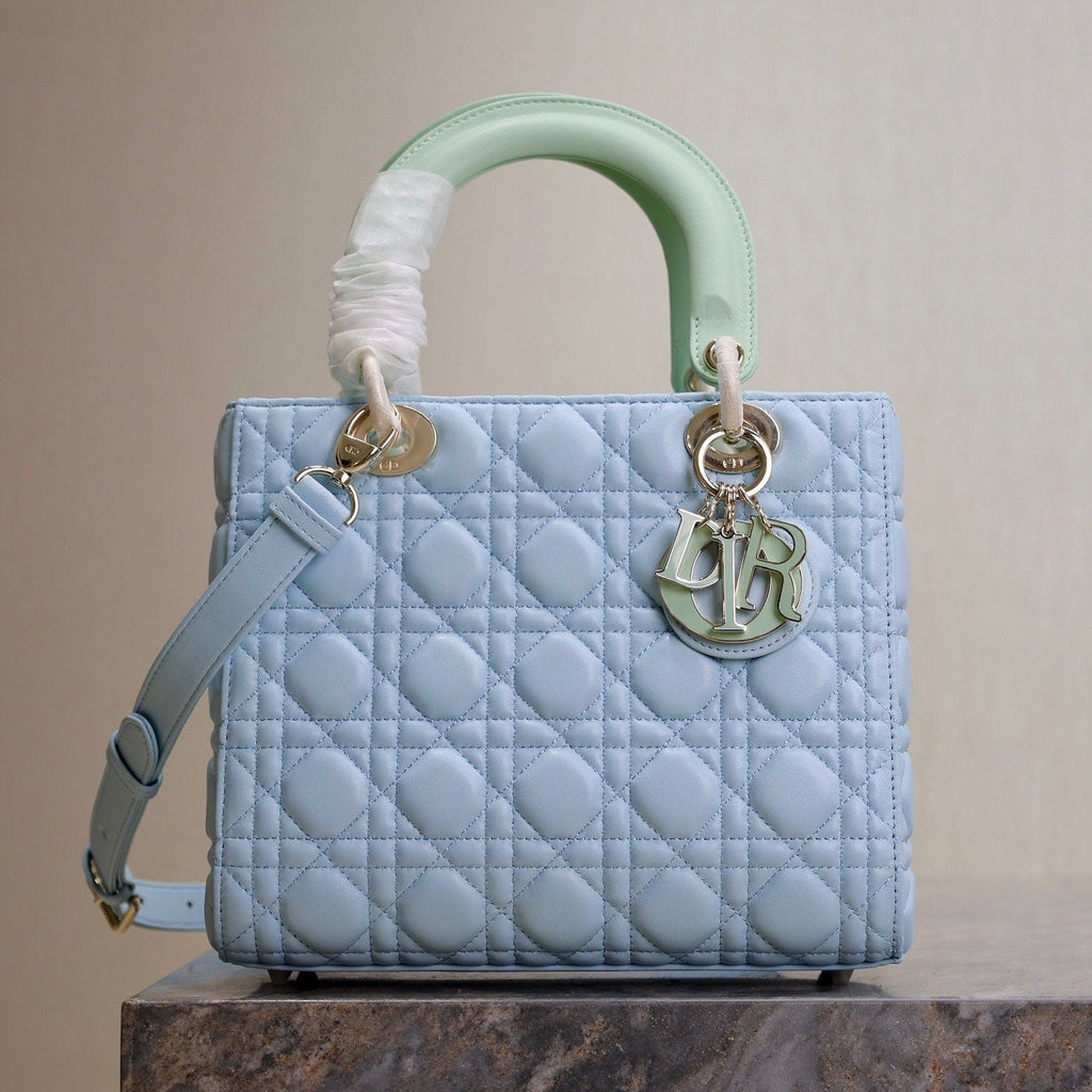 DIOR LADY BAG 24 IN BABY BLUE QUILTED MACROCANNAGE CALFSKIN GREEN STRAP